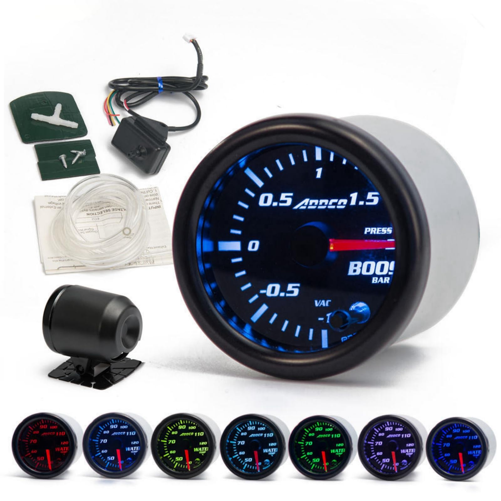 52 mm (2") 7-kolorowy miernik LED Turbo Boost z czujnikiem i uchwytem - od (-1 do 1,5 BAR) - uniwersalne dopasowanie do samochodów