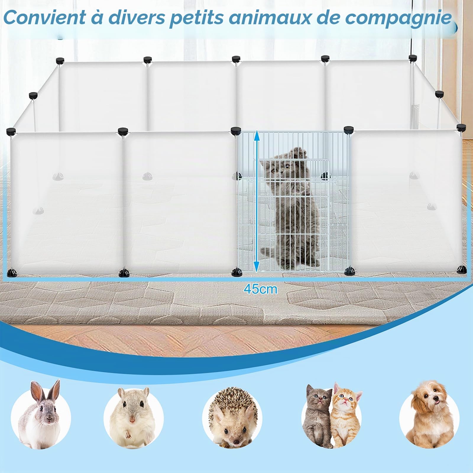 Enclos pour animaux de compagnie avec grille en métal pour l'intérieur et l'extérieur (Blanc, 12 pièces avec portes 145x75x48 cm)