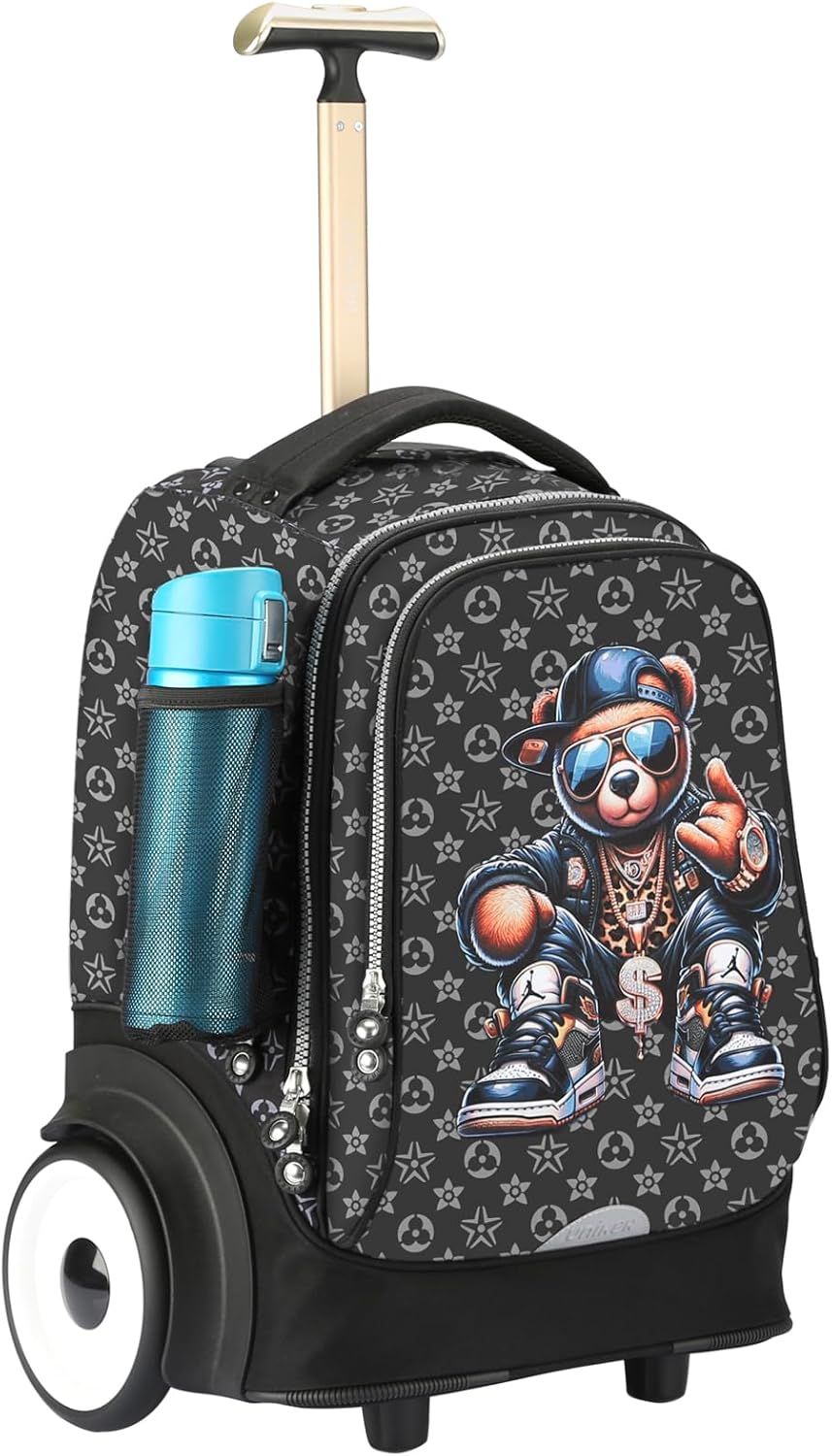 UNIKER Rolling Backpack, 6 Inch Silent Large Wheels, Stair-Climbing Quiet Wheeled Laptop Bag, 40L Water Resistant Travel Bag for Men Women,T5- Fortune Bear