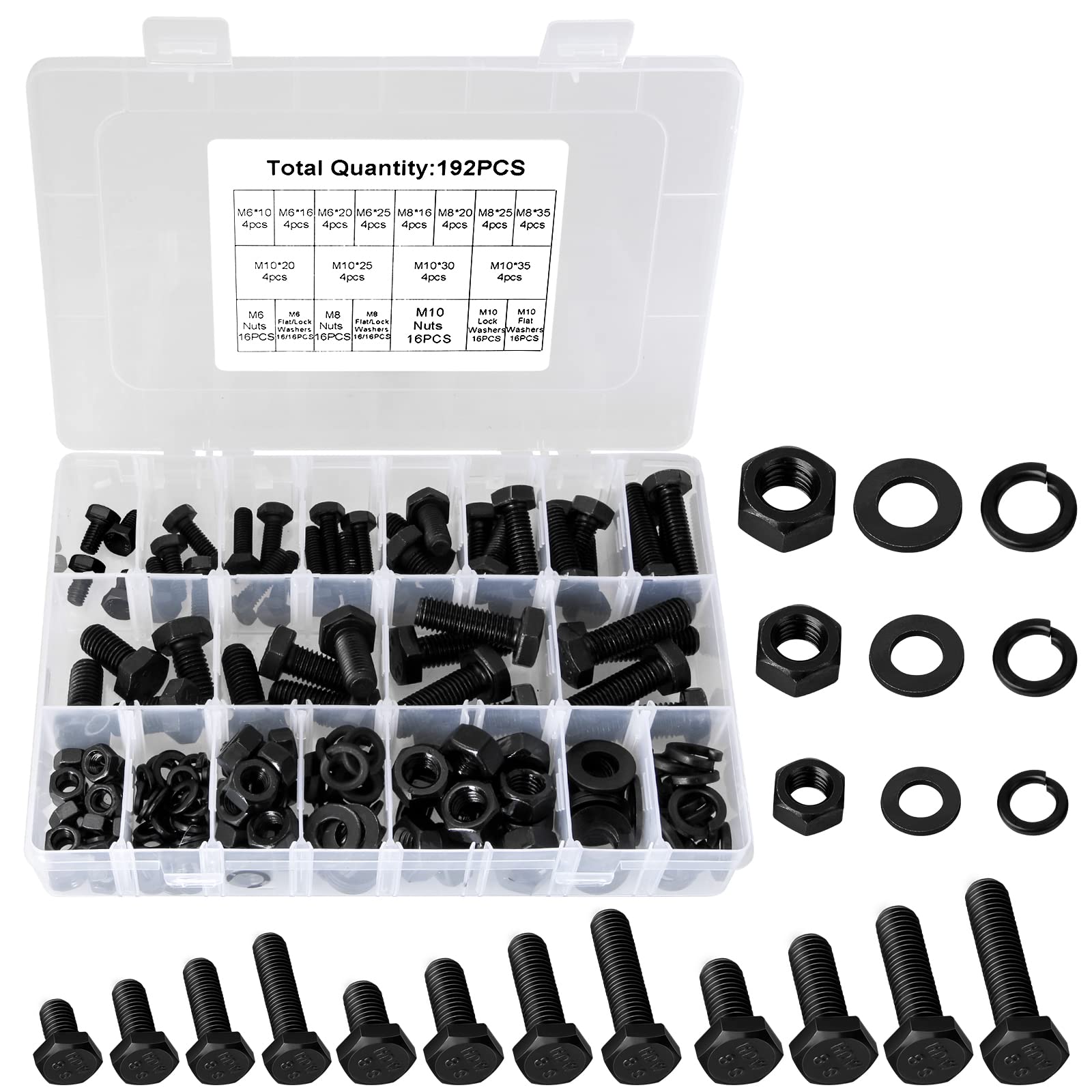 192PCS M6 M8 M10 Nut and Bolt Sets, Hex Head Bolts Nuts and Washers Set Kit Hexagon Machine Screws, Outer Corner Hexagonal Screw Alloy Steel Black Bolt Assortment Kit