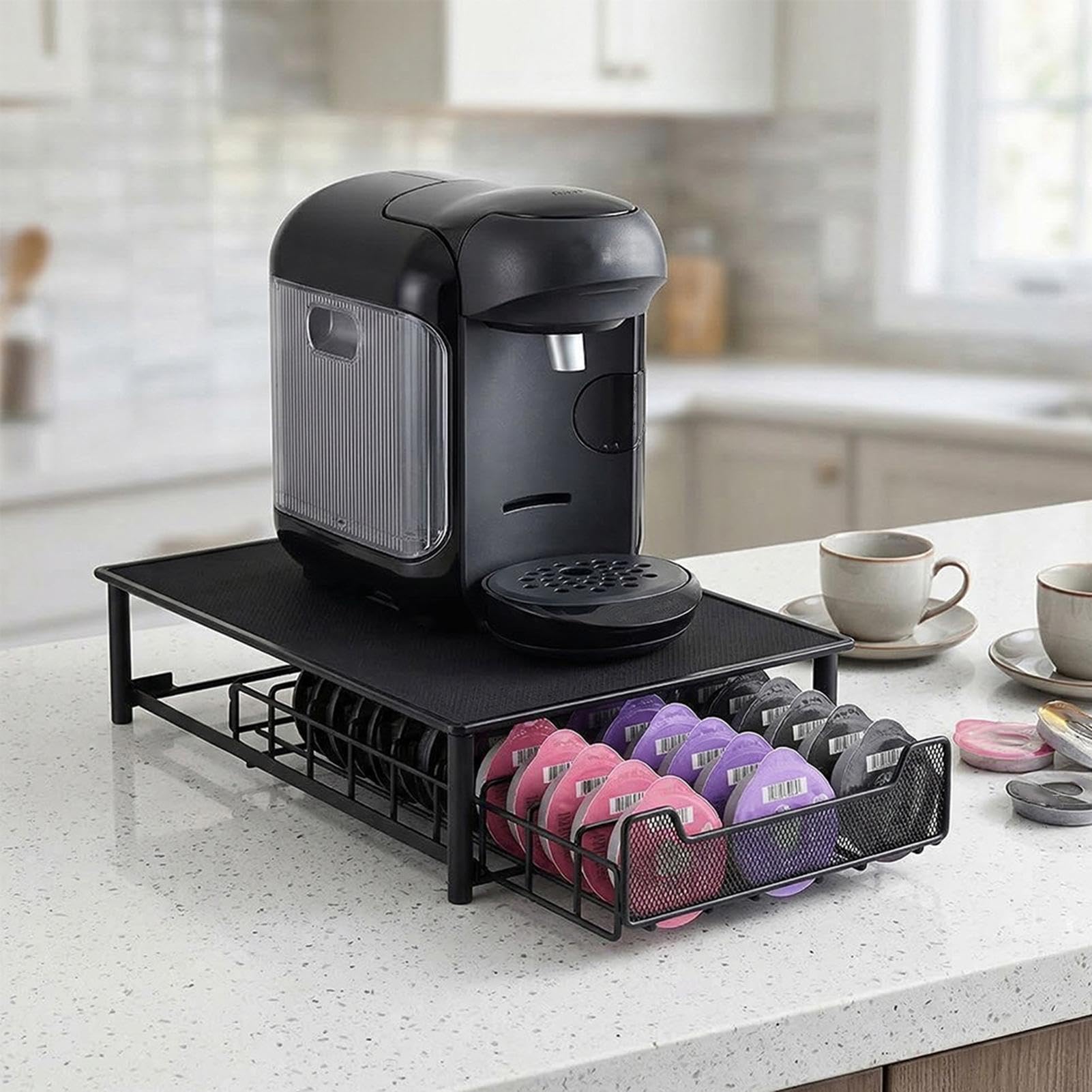 Organizador para Cápsulas de Café con Cajón Extraíble Estructura Metálica | Estante Organizador para Cápsulas Para Encimera, Tostadora, Monitor, Impresora, C