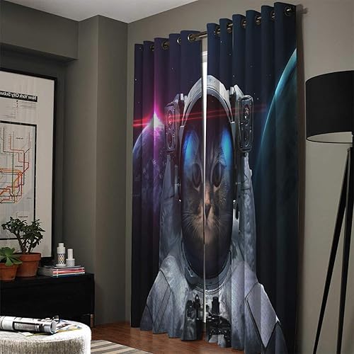 Miniatura 2 de FortuneHouse Blackout Curtains Thermal Insulated Cat Astronaut in Outer Space Solid Pattern Metal Grommet Elegant Room Drapes Window Curtain for