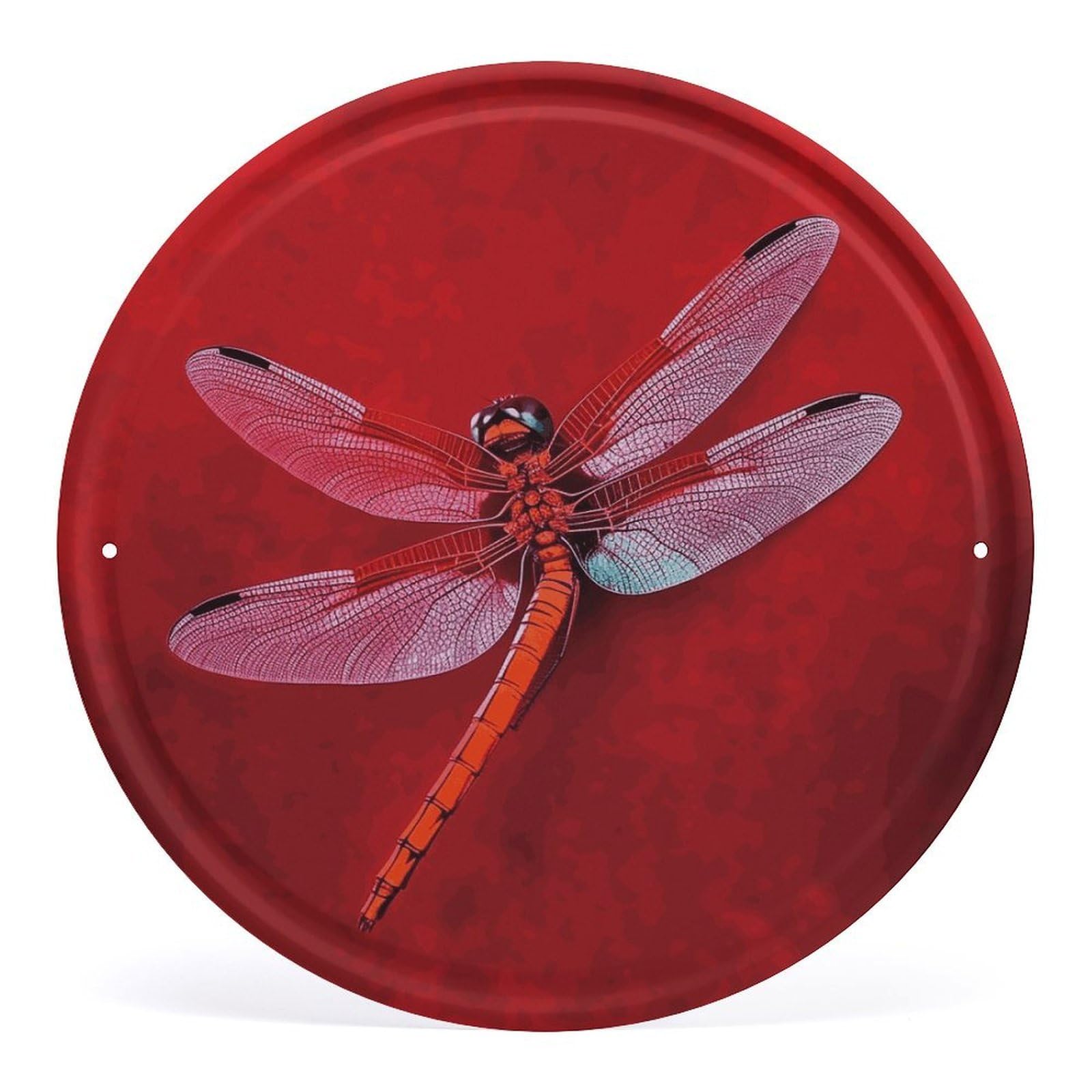 Fodpand Style Dragonfly On Red Background Round Wall Art Hanging Decorations, Wall Decor Modern Minimalist Artwork, Tin Sign Hanging Picture For Living Room, Bedroom, Office, Hallway, 11.8X11.8 Inch