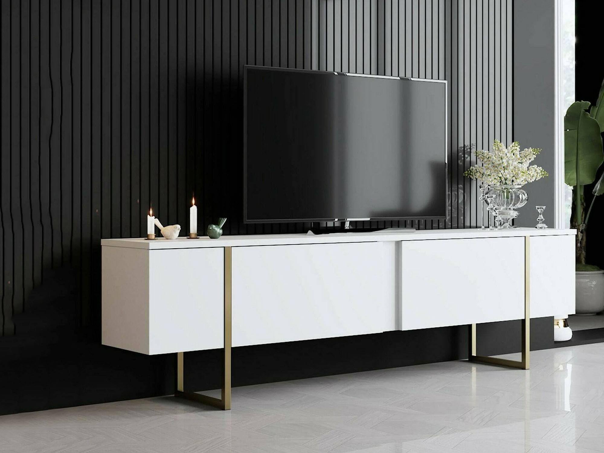 Dmora - Meuble TV Centaurus, Buffet de Salon, Armoire Basse pour TV, Base Murale de Rangement, 180x30h50 cm, Blanc et Or