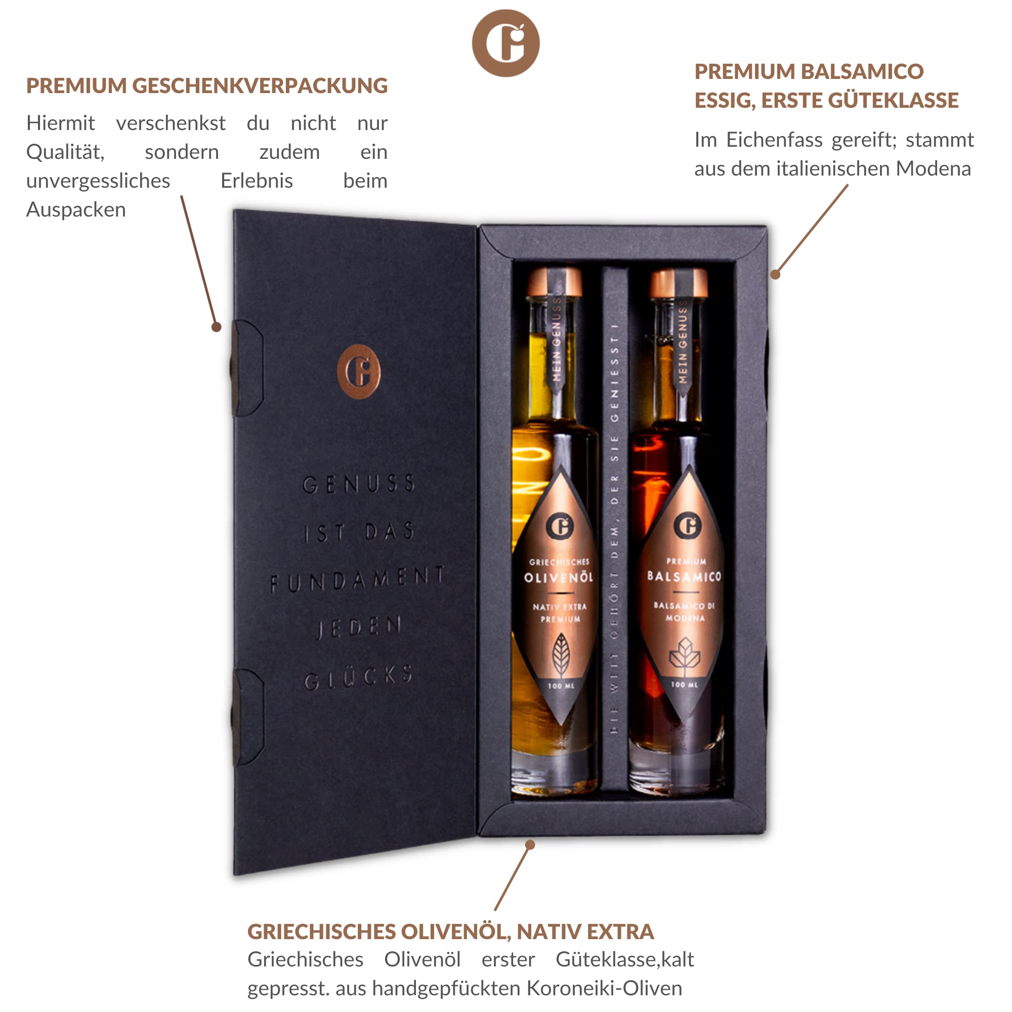 MEIN GENUSS Olivenöl & Balsamico Essig Geschenkset – Griechisches Olivenöl nativ extra – Weißer Balsamico Erste Güteklasse - Feinkost Geschenkbox – 2x 100 ml - Premium Geschenkverpackung