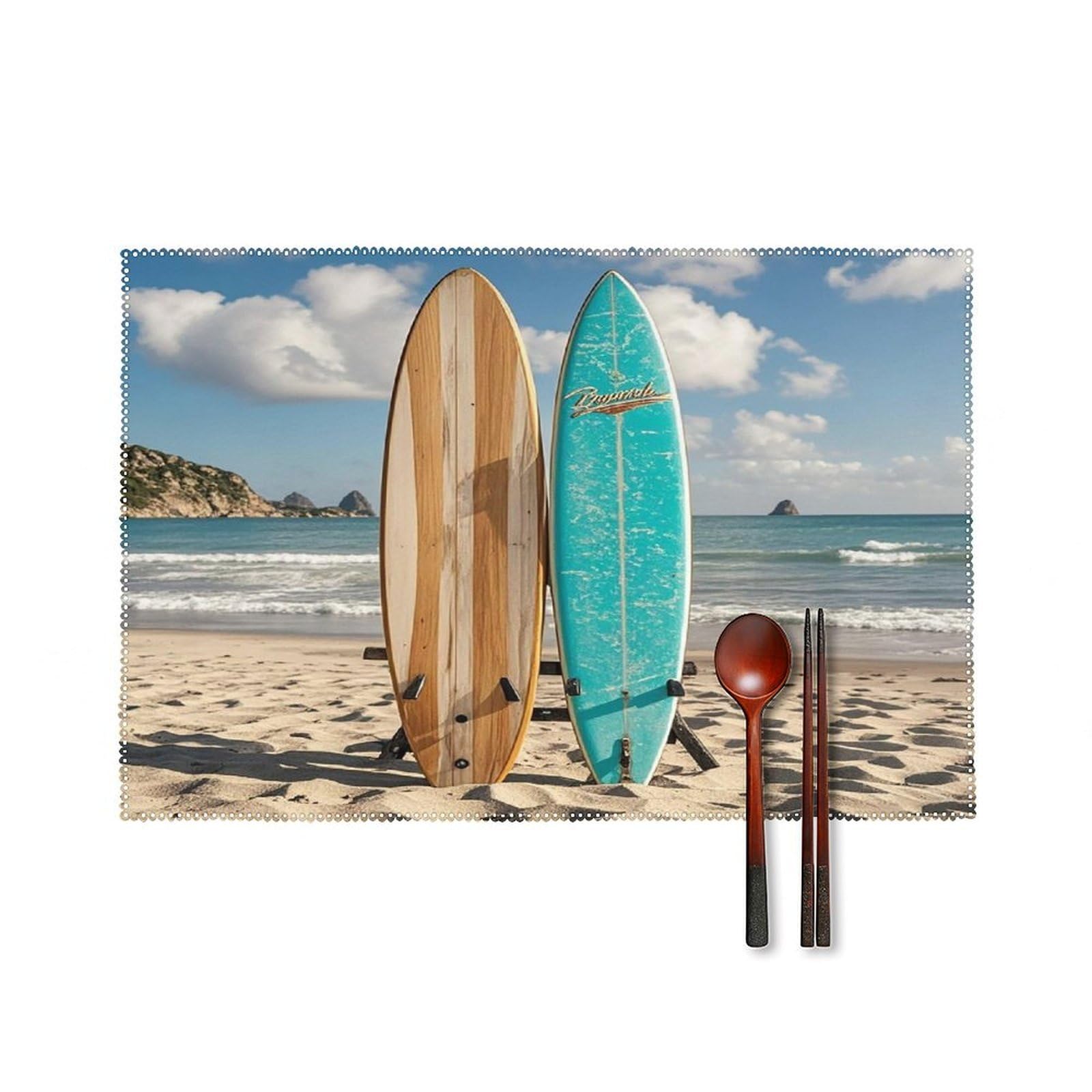 Vintage Turquoise Wood Surfboard Placemats Set of 6 Heat-Resistant Washable Place Mats Wipeable Kitchen Placemat Easy to Clean for Indoor Outdoor Party Kitchen Decoration