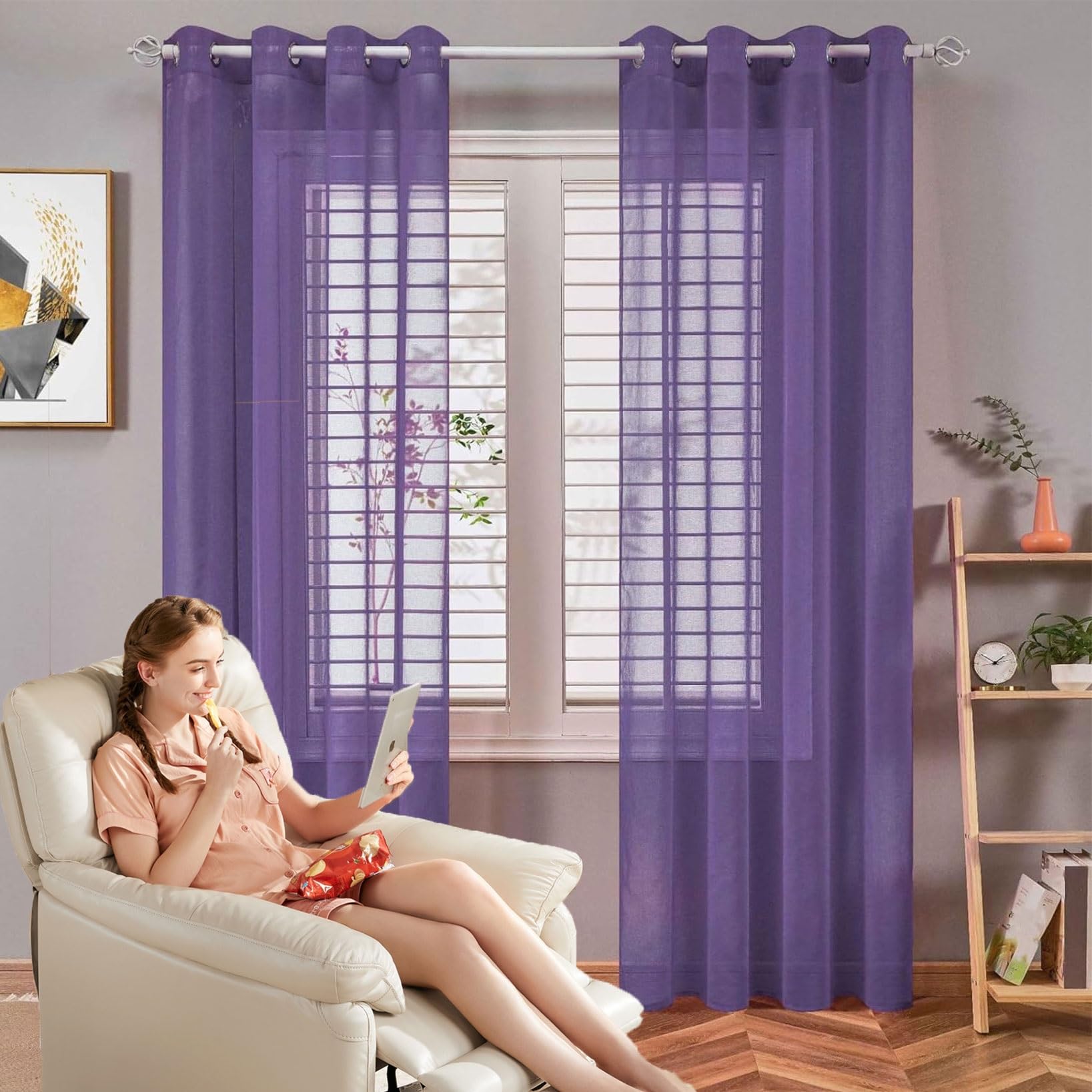 Voilages 260 x 270 cm demi-transparent pourpre | Grand rideau fenetre salon