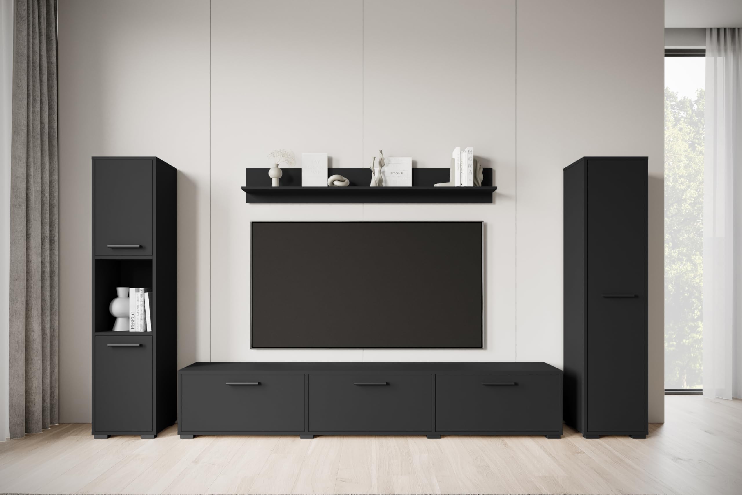 MINIO go for it - Wohnwand Wohnzimmer 4-teilig Toga, Wohnzimmer Möbel Set, 1x TV Lowboard, 2X Hochschrank, 1x Wandboard, Wohnzimmermöbel Komplett, Wohnzimmer Set - Farbe Schwarz Graphit Matte
