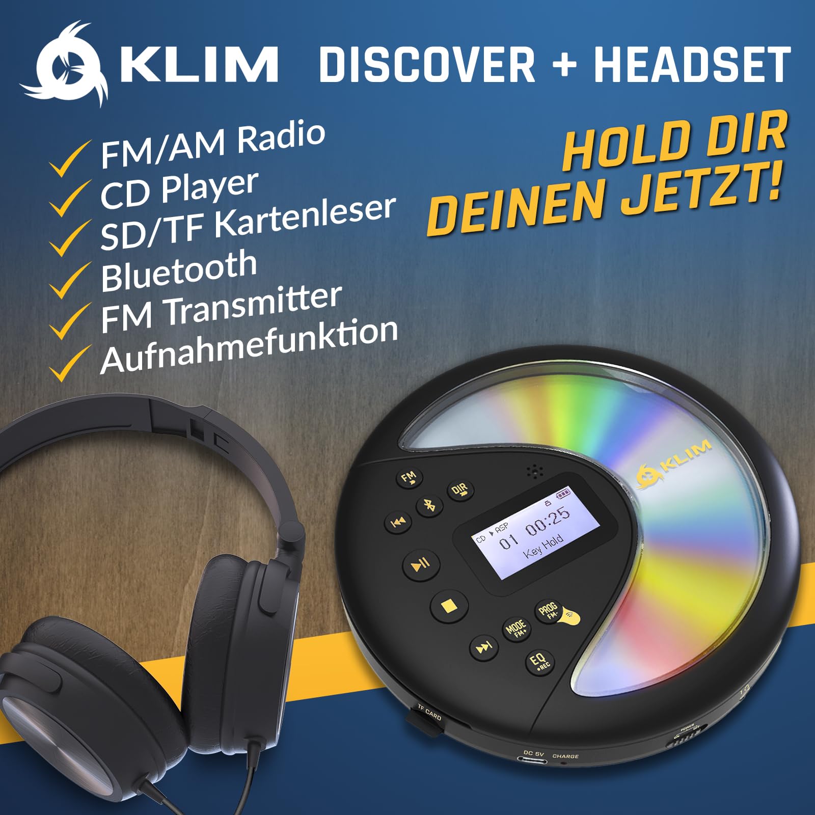 KLIM Discover Mit Kopfhörern - Tragbarer CD-Player mit langlebigem Akku - Kompatibler MP3-CD-Player - SD-Karte, FM-Transmitter, Bluetooth - Ideal für Autos - Portable CD Player - Schwarz/Gold