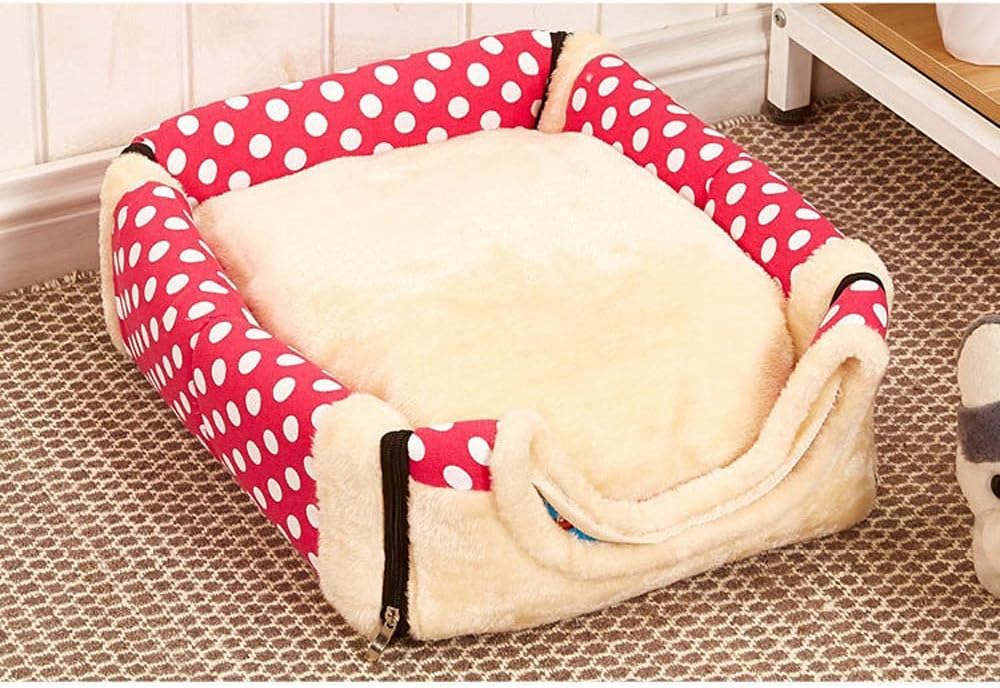 Multifuctional Warm Fleece Soft Removable Dog House Nest with Mat Foldable Pet Dog Cat Bed House for Small Medium and Large Dogs (L, Polka Dotted Red)