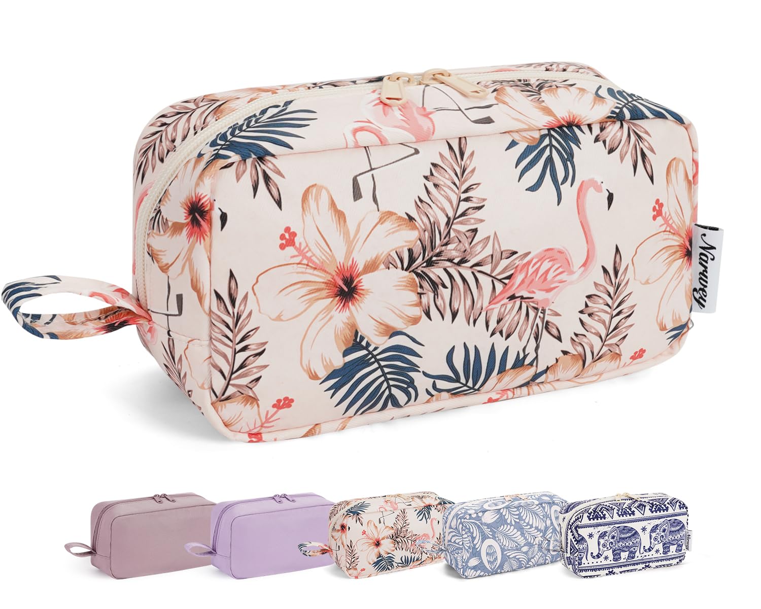 Narwey Cute Makeup Bag Small Toiletry Bag Travel Cosmetic Bag Organizer Make Up Bags with Organized Pockets for Women (Beige Flamingo, Large)