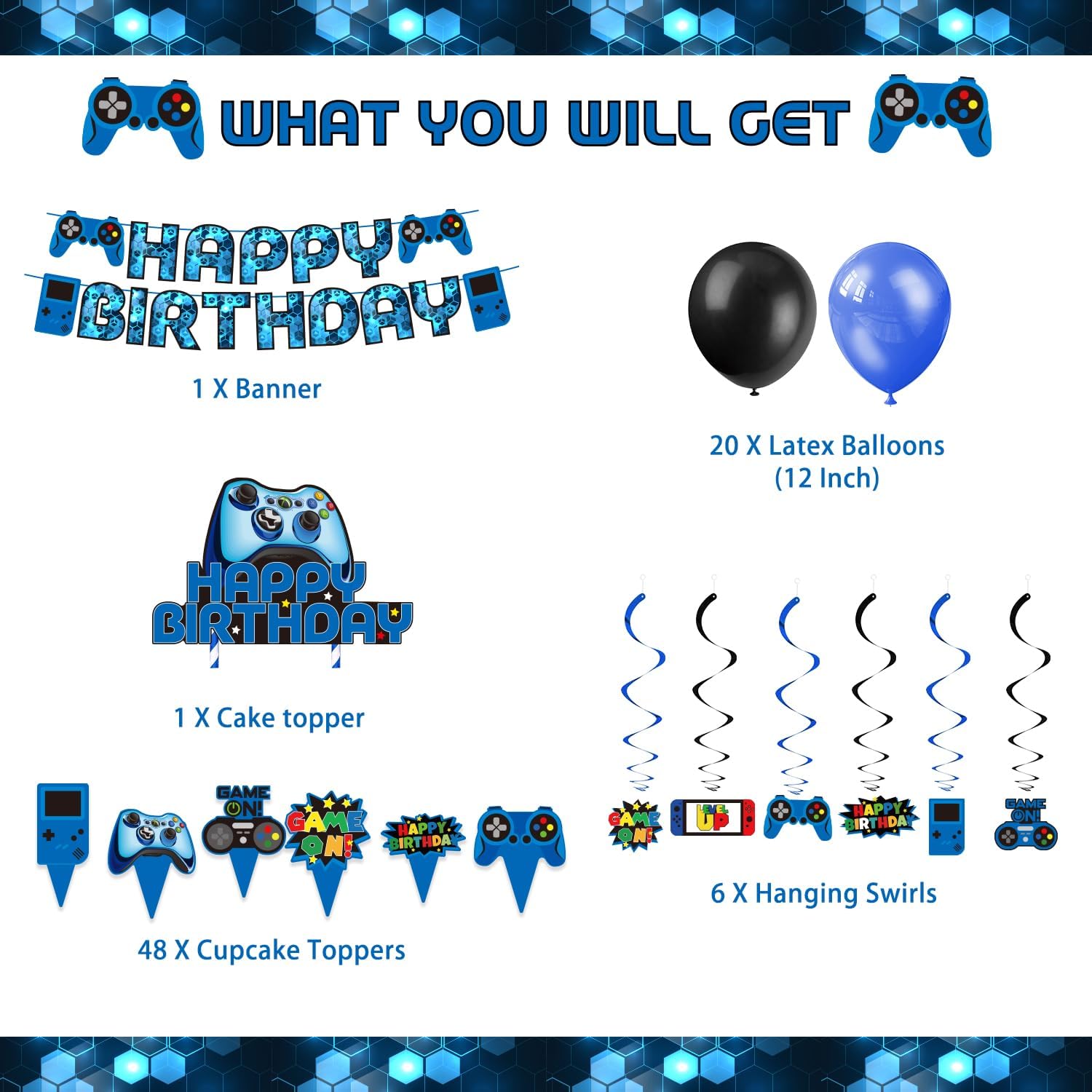 Mpanwen Blue Video Game Party Supplies - 212Pcs Gamer Gaming Party Decoration For Boys Birthday Party - Table Cover, Plates, Cups, Napkins, Utensils, Hanging Swirls, Banner, Balloons Serves 16 Guests