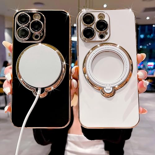 Miniatura 5 de VirgoCCY Funda para iPhone 15 Pro Max, compatible con MagSafe, lujosa funda con soporte magnético giratorio de 360, funda para teléfono con