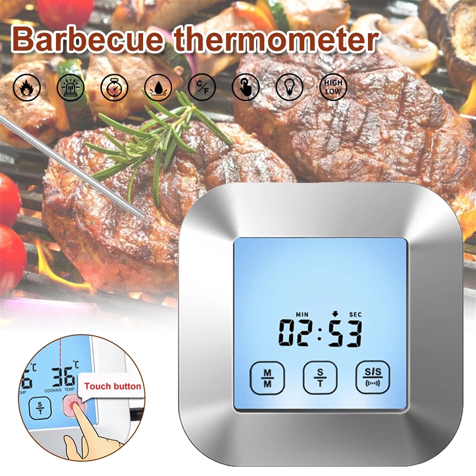 Termometro di cottura, termometro del barbecue del touch controllo con la sonda dell'acciaio inossidabile del supporto del magnete retroilluminato per il fumatore Grill Forno BBQ