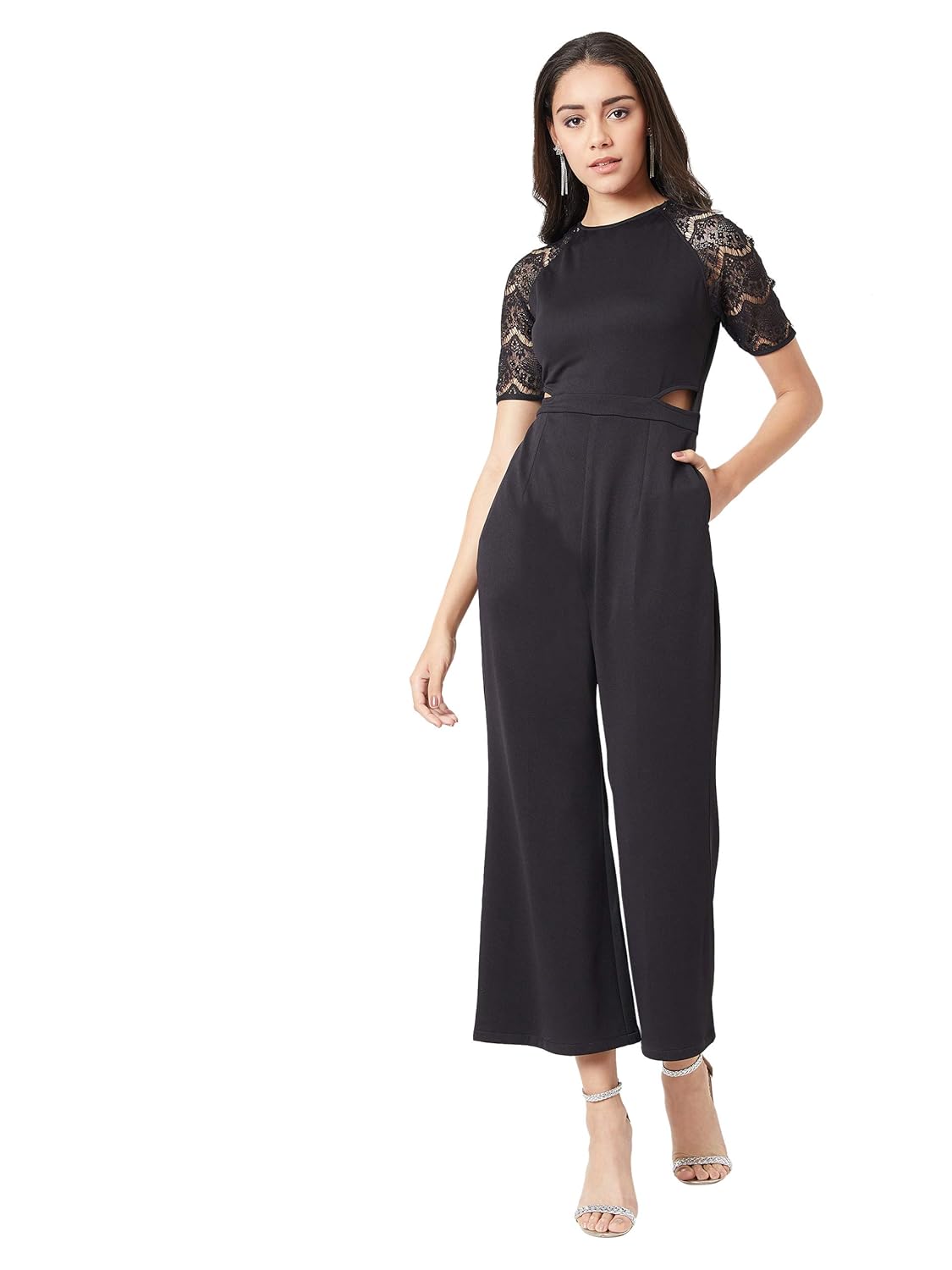 Miss Chase Women’s Half Sleeve Solid Waist Cut-Out Regular Length Pocketed Jumpsuit