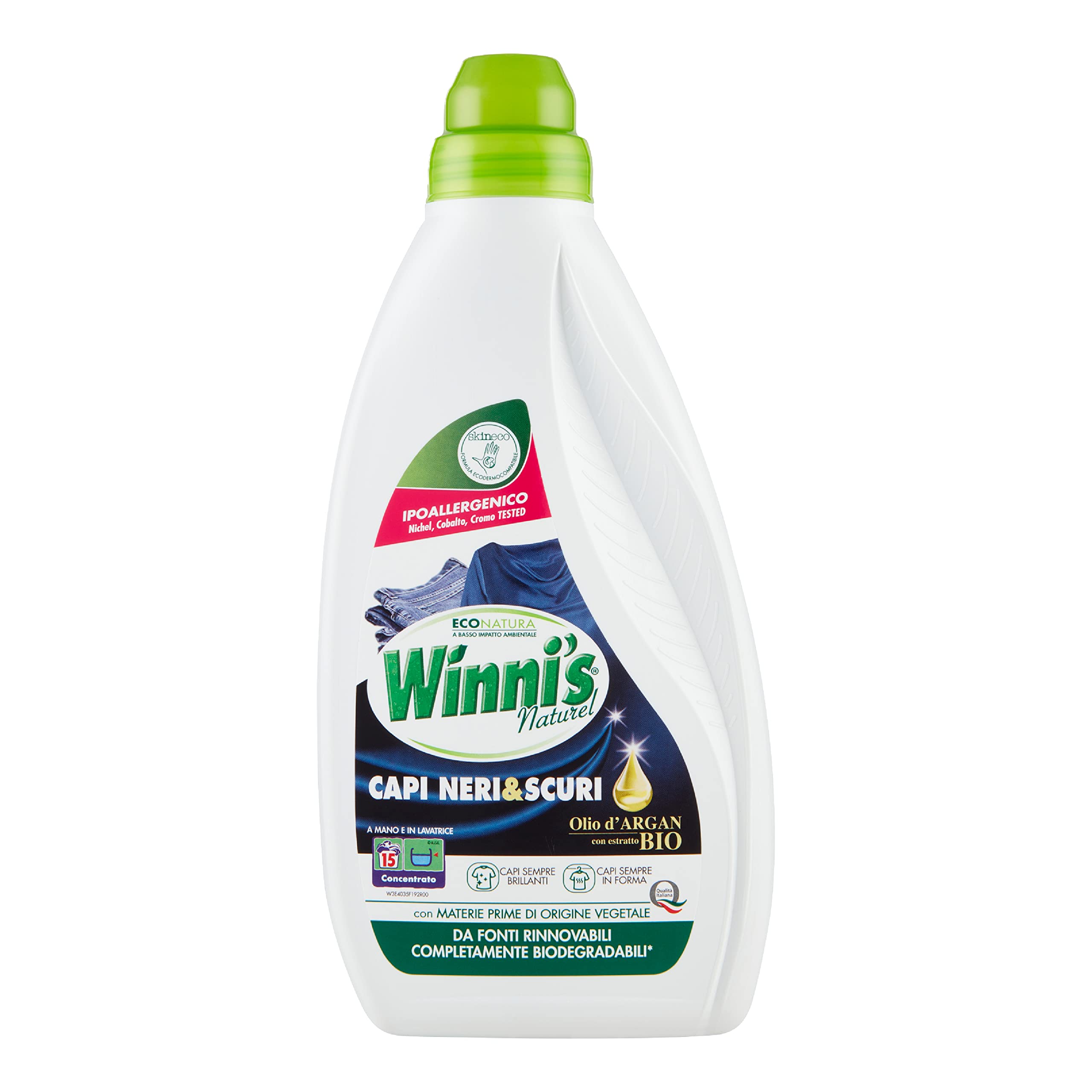 Winni's - Detersivo Liquido Bivalente per Capi Neri e Scuri con Olio di Argan, Ipoallergenico, 180 Lavaggi, Lavaggio a Mano e in Lavatrice, 750 ml x 12 Confezioni