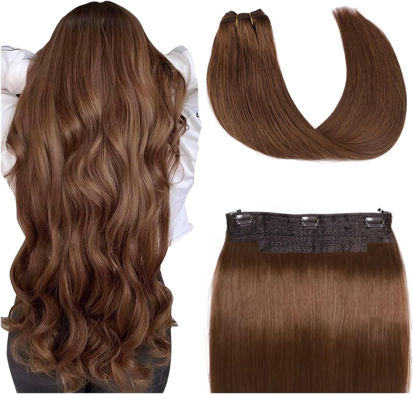 Hair Extensions 16-26 inch Wire Hair Extensions Real Human Hair, Wire Hair Silky Straight Dark Brown Human Hair Extensions One Piece Wire Hair Extensions with Fish Line Hair Extensions Clip in ( Color