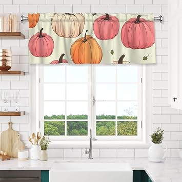 Valance for Windows Pink Fall Pumpkins Rod Pocket Window Treatment Valances Short Curtains for Kitchen Living Room Bathroom, 54x18 in