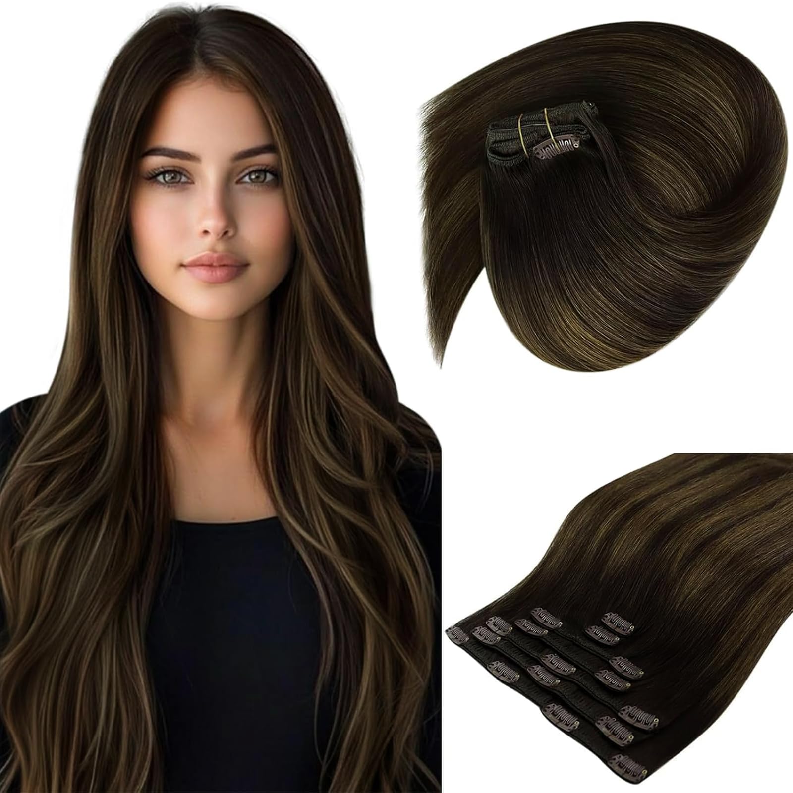 Sunny Hair Clip in Hair Extensions Real Human Hair 105g Remy Hair Clip in Extensions for Women Human Hair Extensions Dark Brown Balayage Light Brown