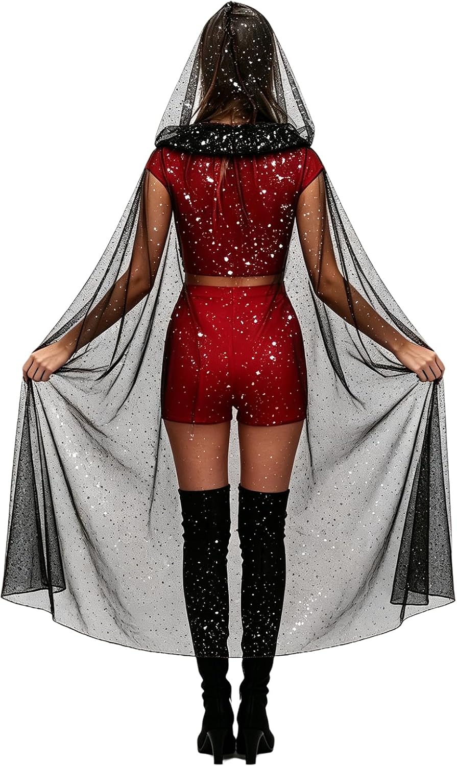 Alvivi Shiny Hooded Cape Full Length Glitter Cloak for Party