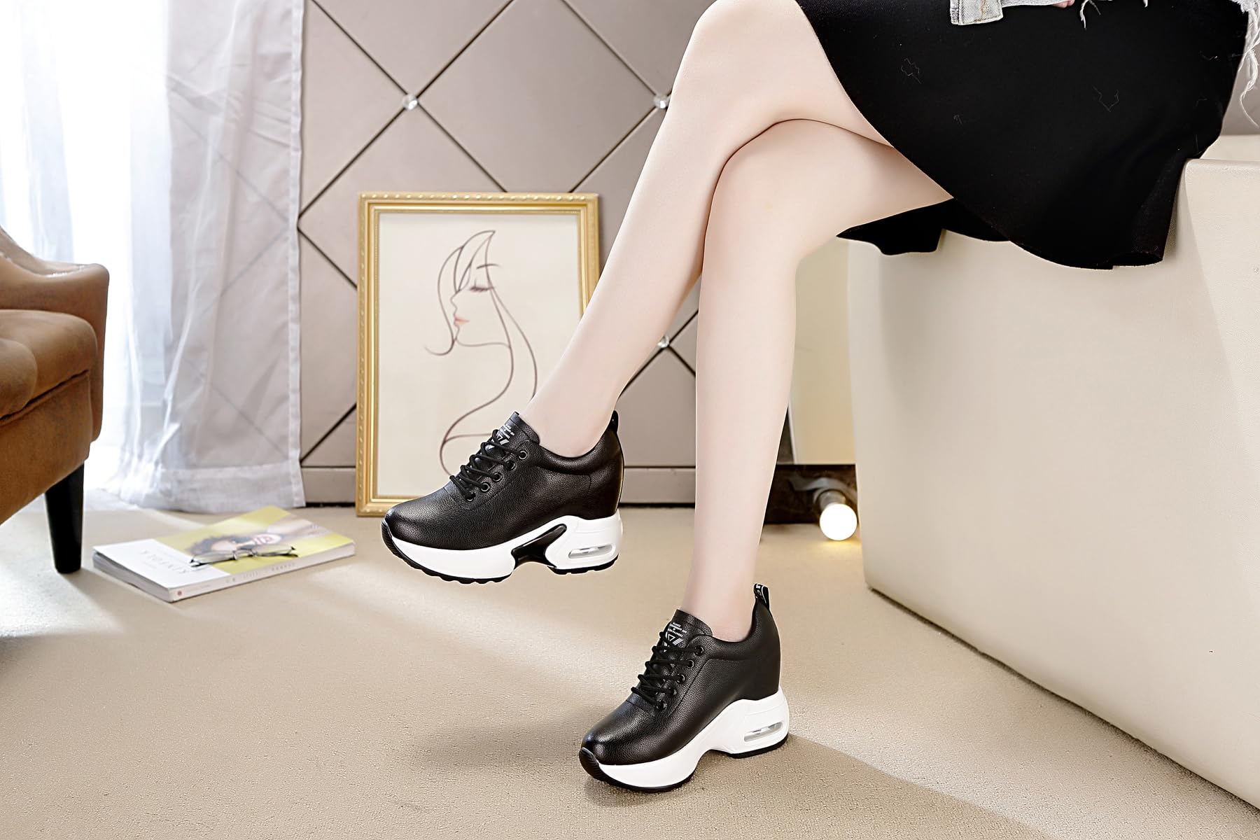Zapatillas Deportivas Cuña Interior Mujer 10 cm Cuero Zapatos Running Fitness Gym Outdoor Sneakers Cuña Alta Talón Plataforma Casual
