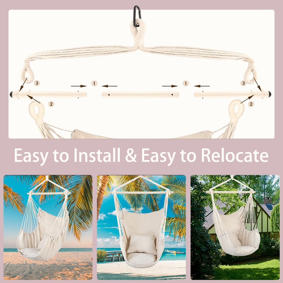 Hammock Chair Hanging Rope Swing, Max 300 Lbs - 2 Cushions Included, Easy to Hang and Assemble, for Indoor, Outdoor, Living Room, Bedroom, Beige