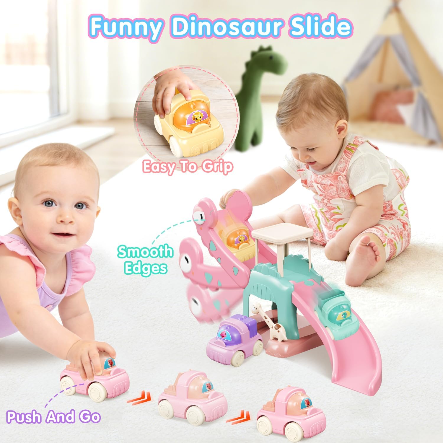 Toddler Toys for 1 2 Year Old Boys Educational Dinosaur Slide Toys with 4 Push Car Toys for Baby 12-18 Months,First Birthday Easter Gifts for Kids,Montessori Learning Race Car Track Ages 1-2 (Pink)