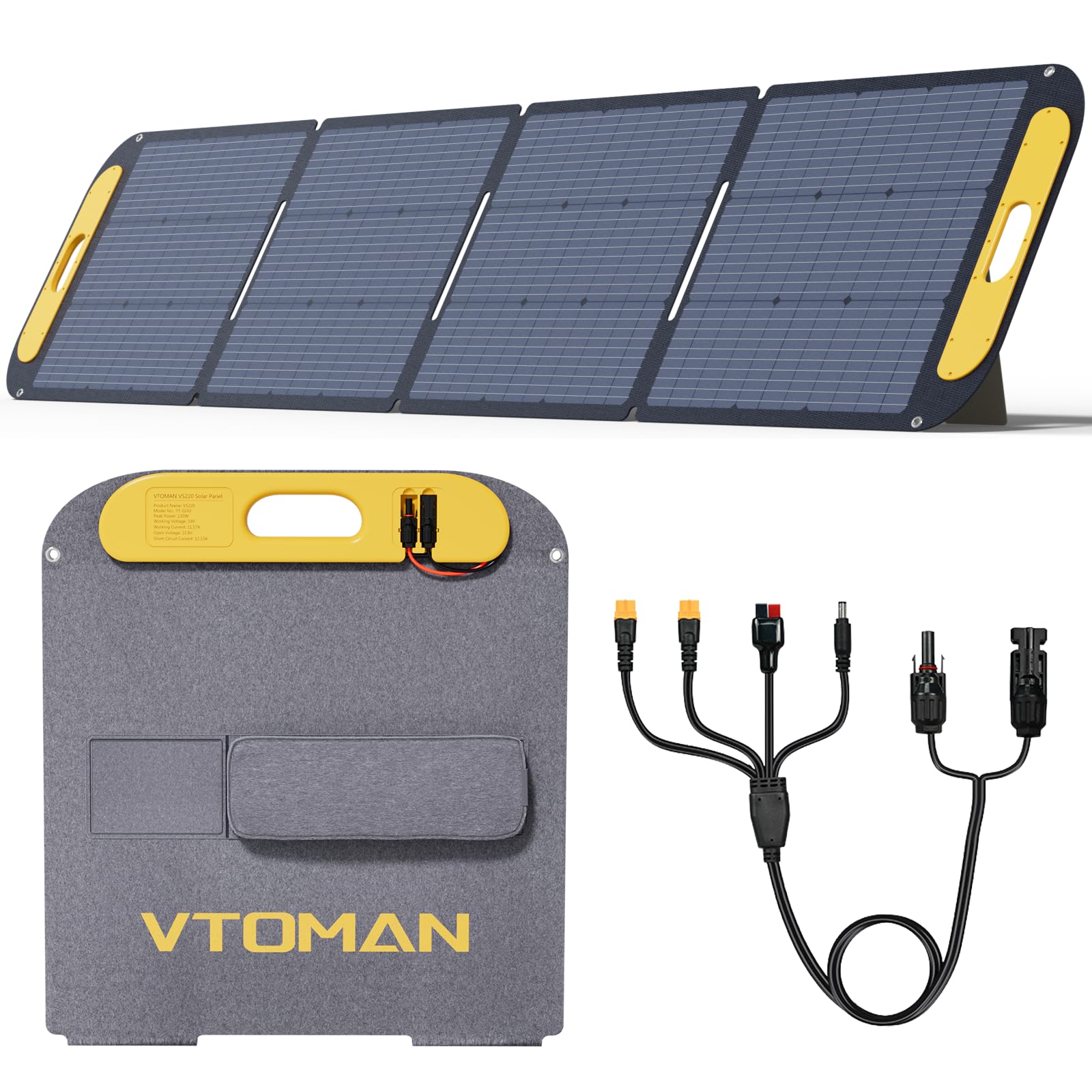 VTOMAN 200W Pannello Solare Pieghevole e leggero con efficienza del 25%, | Caricabatterie ETFE, Grado di impermeabilità IP67 e adattatori Anderson XT60/XT90/DC5521 per camper e attività all'aperto