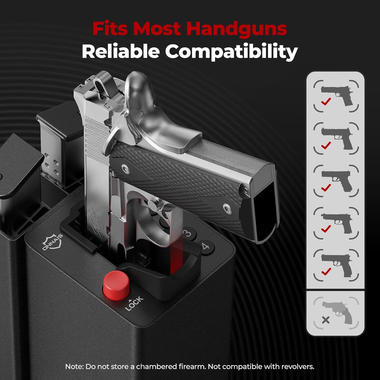 ONNAIS Portable Lock Box showing compatibility with various handgun models, with a note about revolvers.