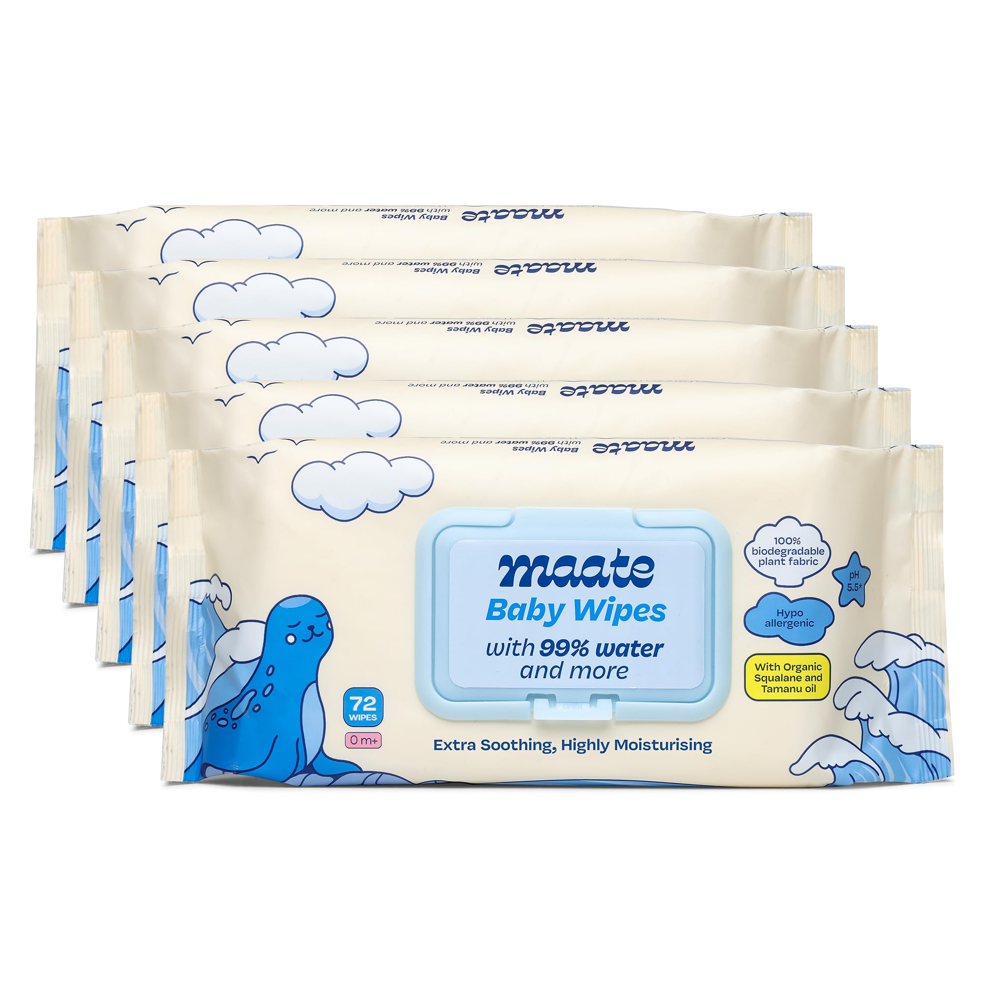 Maate Baby Wipes (Pack of 5, 360 Wipes) | Soothing & Hypoallergenic | Infused With Plant Squalane, Tamanu Oil & Aloe Vera | & Hydrating | Wipe for Baby's | Paraben & Sulphate Free