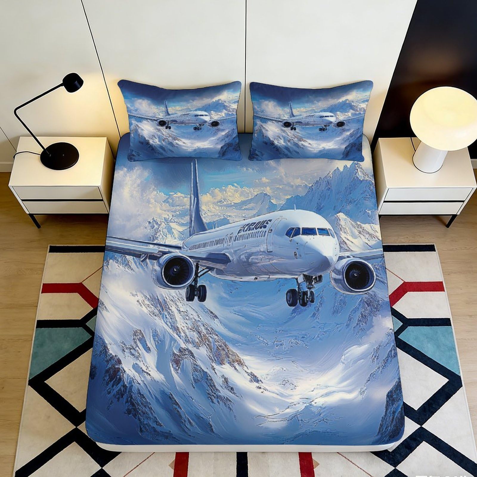 Pnayamiorkfel Style-10 3D Printed Airplane Mountain Fitted Sheet Microfiber Soft Breathable Aircraft Bed Cover For Bedroom Dorm Mattress Decor 90X200x25cm