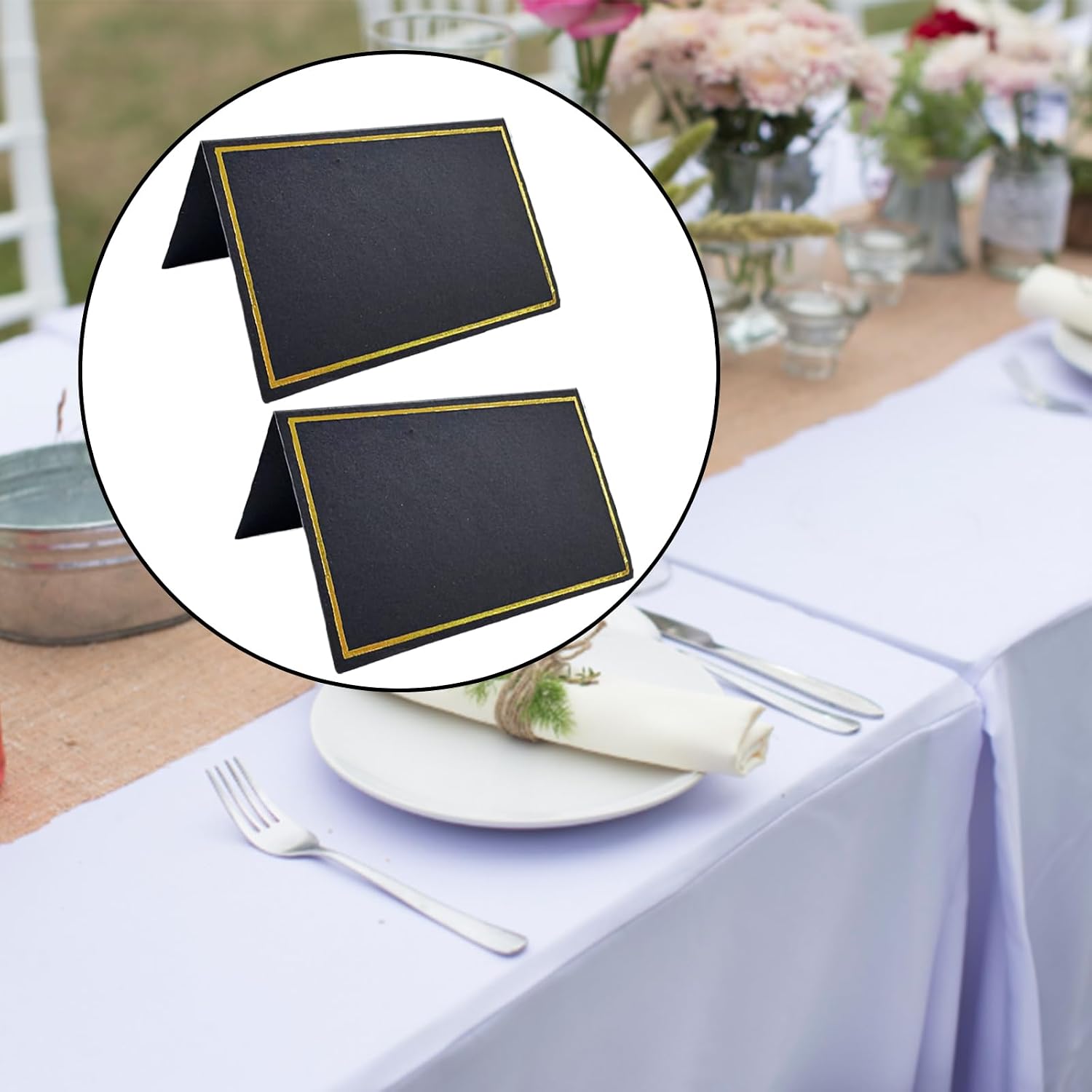 100Pcs Black & White Place Cards, 2"x3.5" Folded Tent Name Cards with Luxurious Gold Foil Border for Weddings, Banquets, Dinner Parties - 50 Black + 50 White