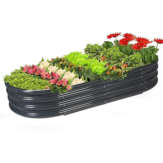 Raised Garden Bed GRS Certified Galvanized Planter Box Outdoor, 5ft Oval Rot-Resistant Metal Garden Bed Planter, Recycled Eco-Friendly Material Planter for Vegetables Flowers Herbs (Grey)