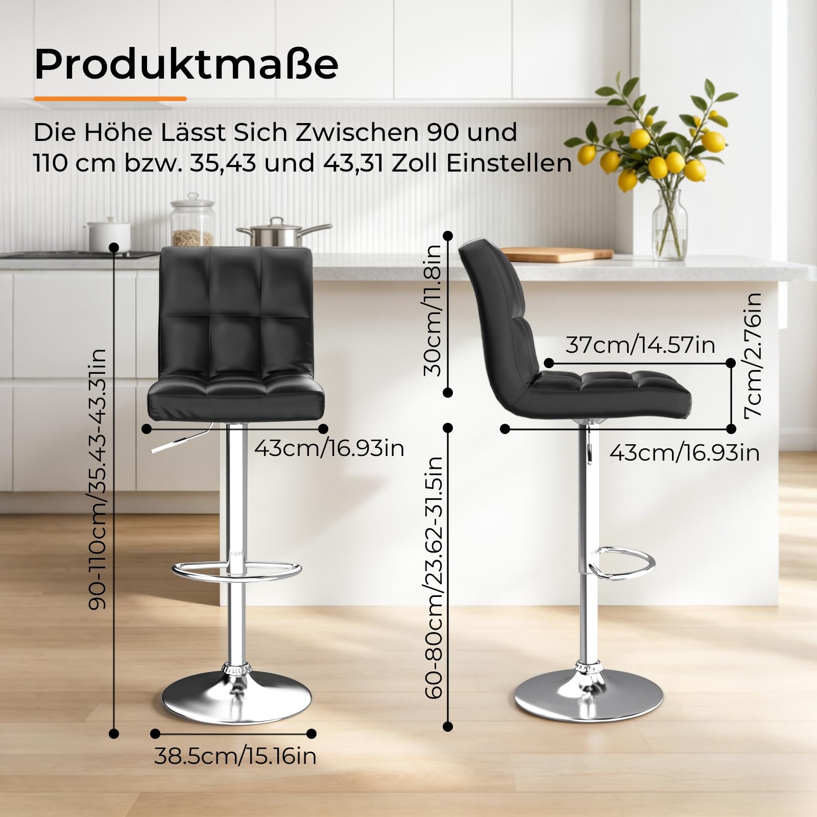 Bigzzia Barhocker 2er Set, Barhocker mit Lehne, Höhenverstellbar, PU-Leder Gepolsterter Barstuhl mit Rückenlehne und Fußstütze, 360° Drehbar, für Küche, Theke, Bar, Schwarz