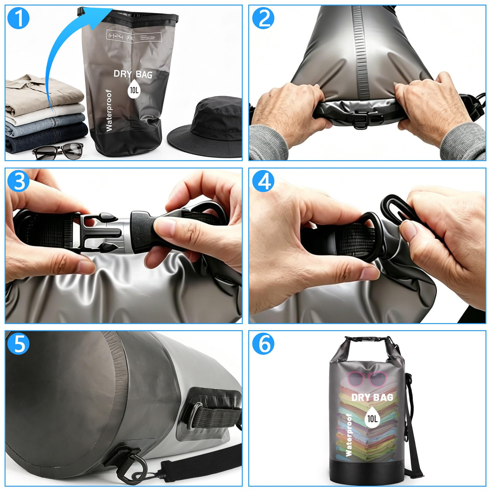 Dry Bag Sac à Dos Étanche 10L avec Sac Banane et Pochette Téléphone | PLCatis Sac Étanche Imperméable pour Bateau Kayak Rafting Camping Sports Nautiques avec Accessoires de Protection Noir
