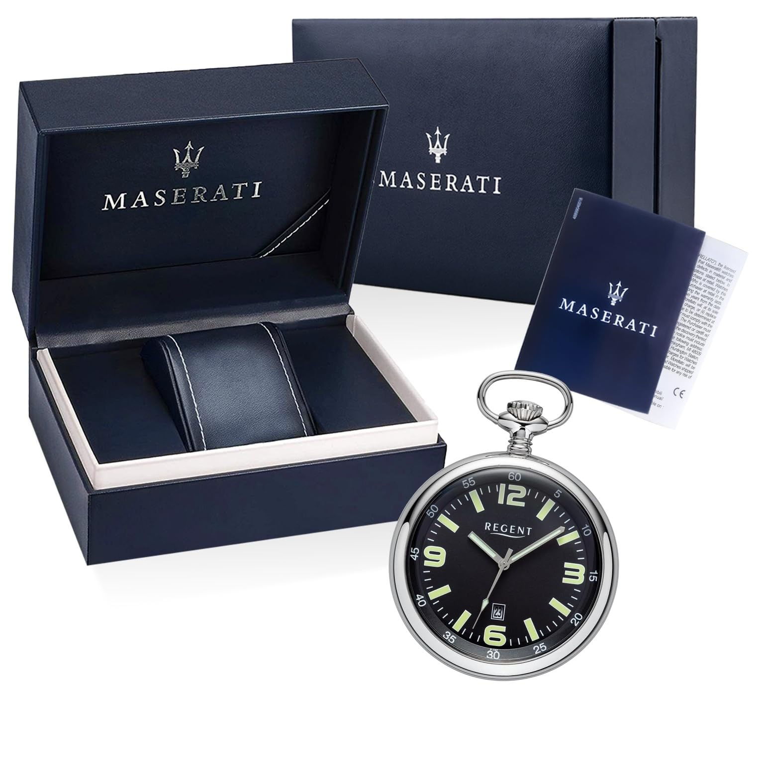 Regent Herren Taschenuhr Edelstahl 50 MM Quarz Schwarzes Zifferblatt Arabische Zahlen Datum P-742
