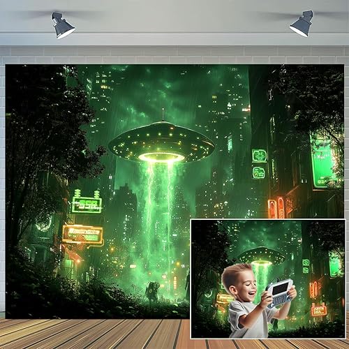 Telón de fondo de fotografía de paisaje urbano punk alienígena de 5 x 5 pies, fondo de fotografía de anime, OVNI de neón, diseño de rascacielos