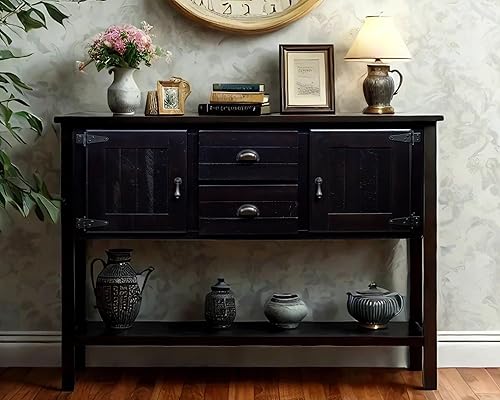 LKTART Mesa consola de madera maciza estilo granja, mesa de sofá con cajones de almacenamiento y estantes, mesa de entrada para entrada, pasillo,