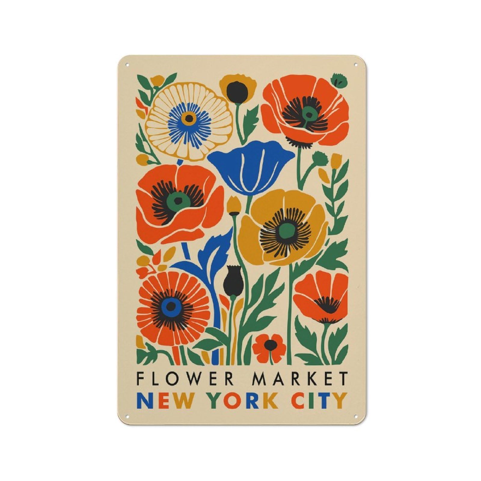 Junmoney Style-15 Rustic Metal Sign With Flower Market New York City Design 30X20cm, Country Vintage Cottage Wall Art For Kitchen, Cottage, Porch Or Garden Room