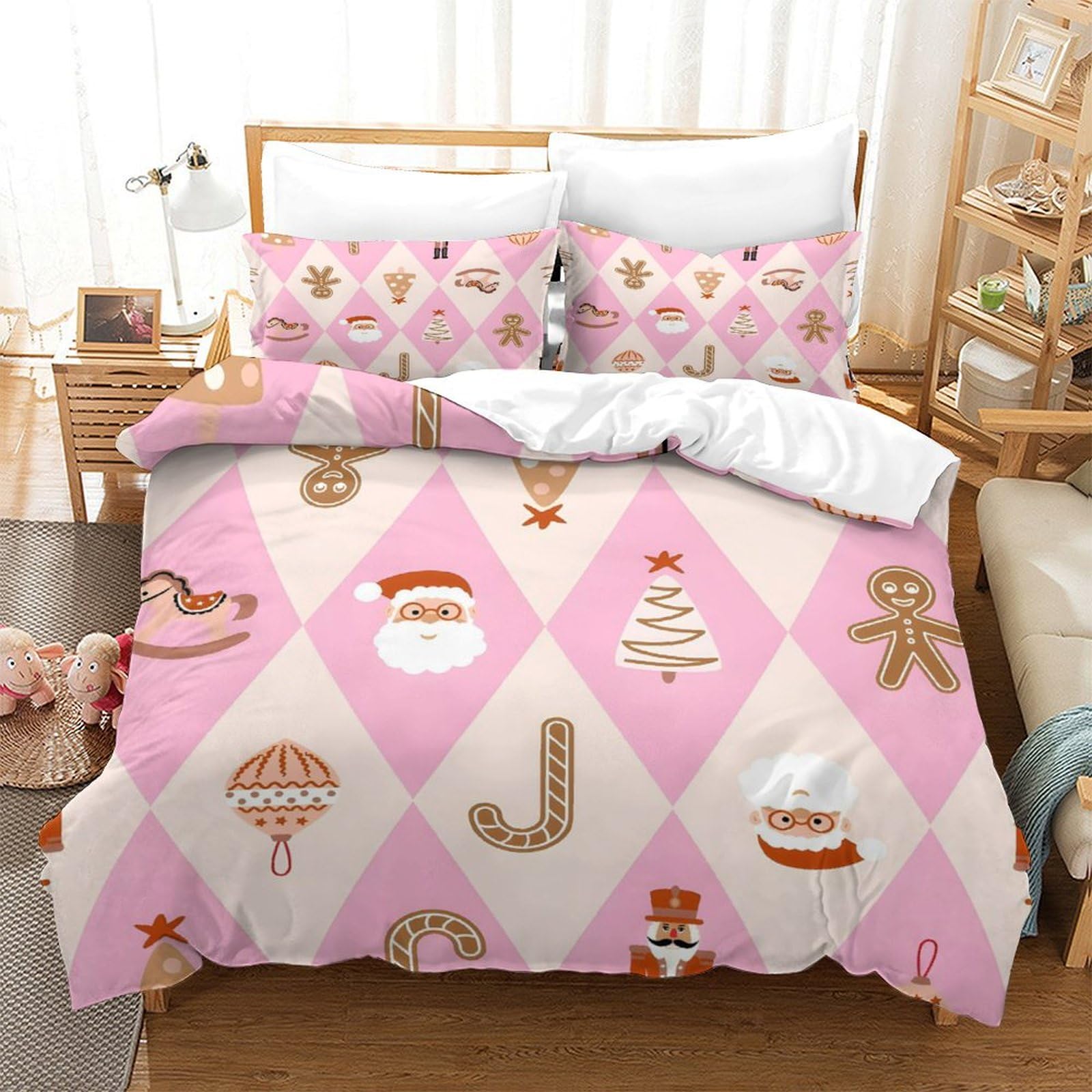 LIAOHENKAN Cream Pink - Santa, Nutcracker 3Pcs Full Size Bedding Set for Kids Boys Girls Ultra Soft Comforter Set with Zipper Closure Breathable Duvet Cover Set Bedclothes Super King（260x220cm）