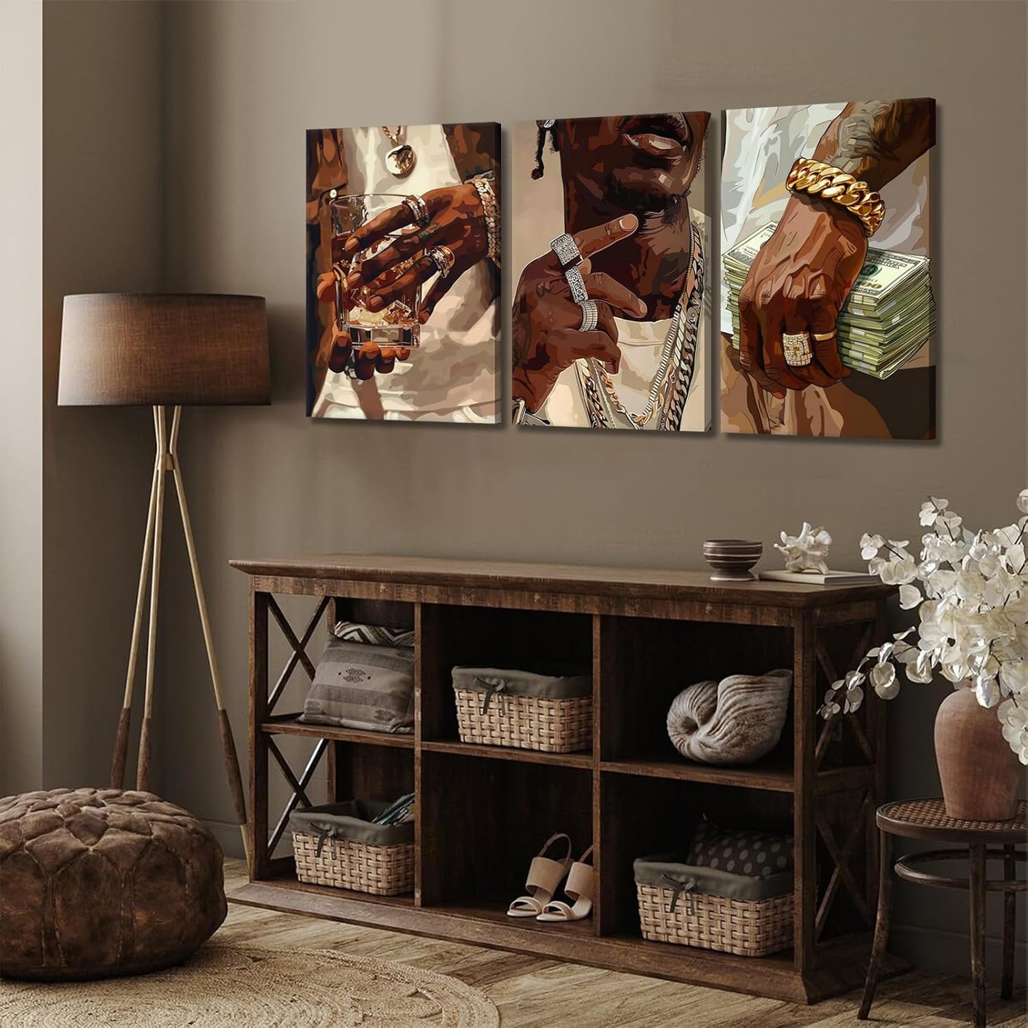 3Pcs Fashion African American Black Man Canvas Wall Art Modern Money Poster Print Pictures Hip-hop Aesthetics Luxury Street Wall Decor Artwork for Teen Boy Room DJ Studio Home Decoration 16x24in - Image 3