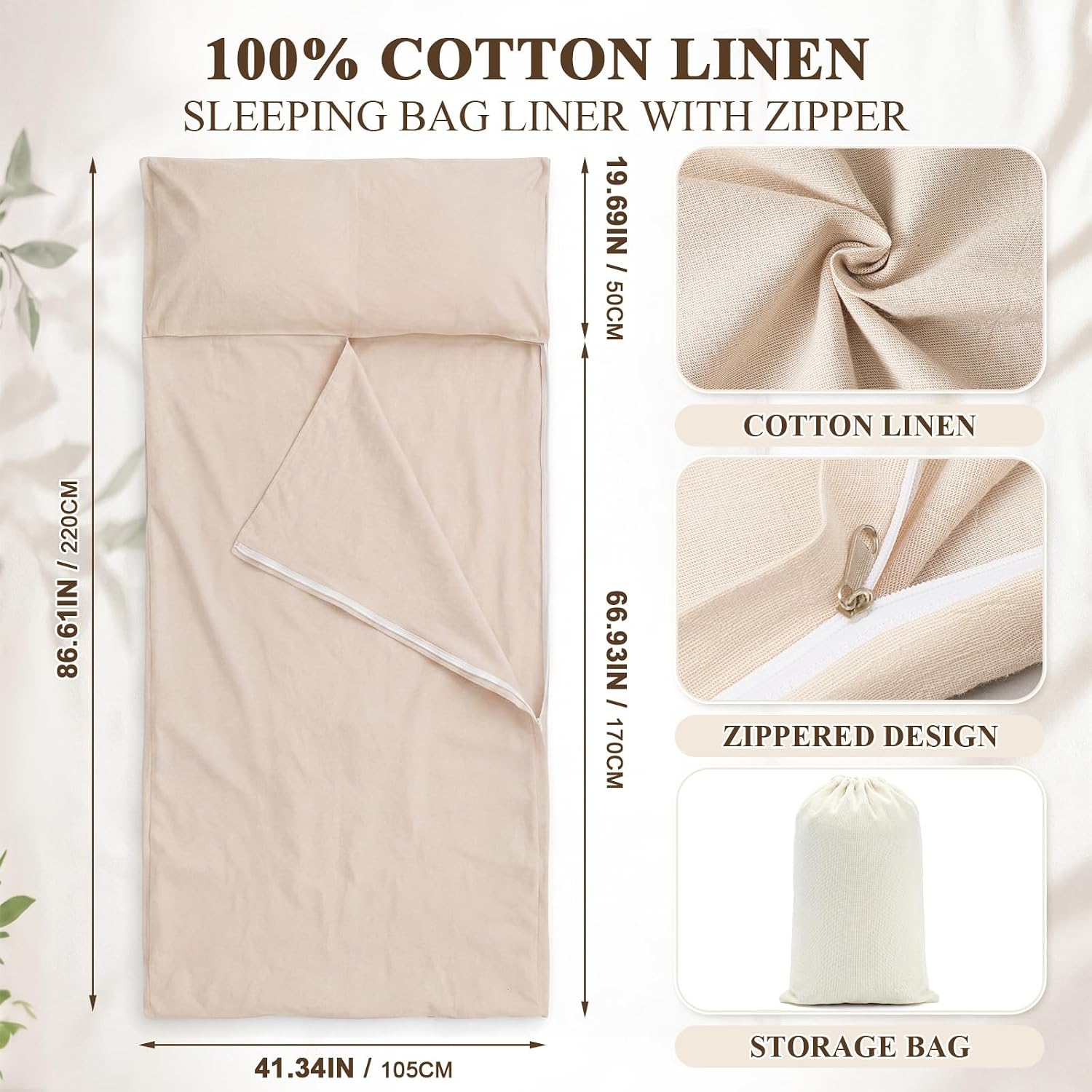 Remagr Cotton Linen Sleeping Bag Liner, 86 x 41 Inch King Size Sheets Breathable Blend from Linen Cotton Bedsheets for Camping, Hotel, Traveling, Comfortable Easy to Care with Zipper, with Storage Bag