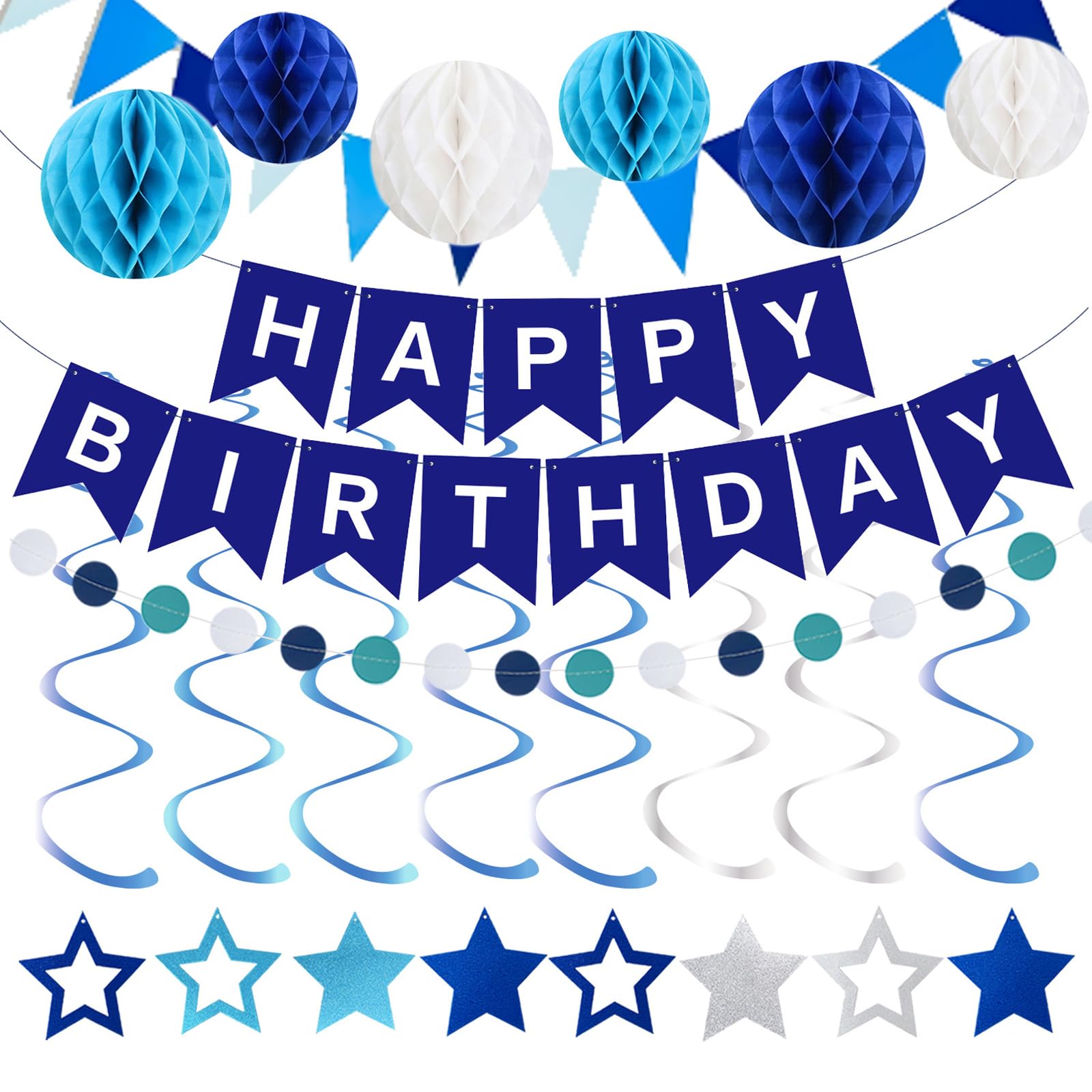 Birthday Decorations for Men Boys, Happy Birthday Banner with Honeycomb Ball, Star Hanging Swirl Streamer, Circle Dot Garland Decroations, Bunting, Party Decorations for Birthday Decorations Blue
