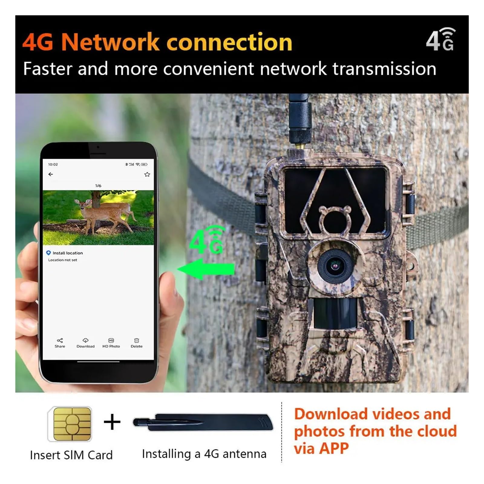 Aplikacja Kamera Myśliwska 4G LTE 60MP Zdjęcie 8K Wideo Nocne Śledzenie Zwierząt Na Podczerwień Bezpieczeństwo W Domu Obserwacyjna IP66 Karta 32 GB Zestawie WyraźNe Obrazy I Filmy