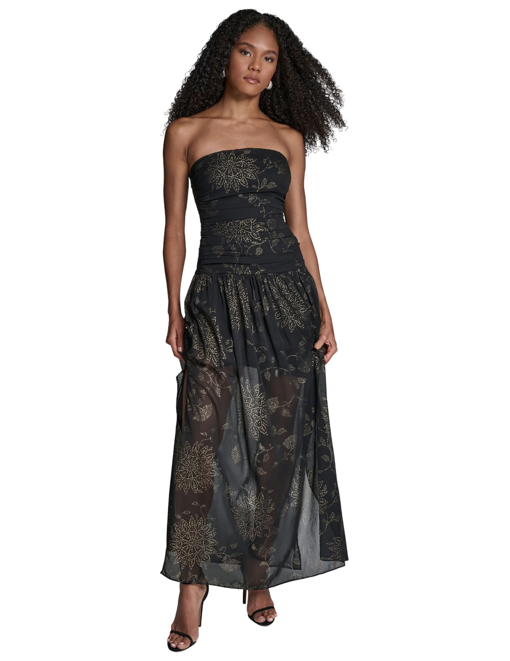 BCBG Women's Strapless Round Neck Floral Drop Waist Maxi Dress