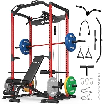Mikolo F4 2.0 Power Cage with Dual-Track Smooth Pulley System, 1200LBS Power Rack with Leg Hold-Down for Heavy LAT Pulldowns, Home Gym Package with 230b Colorful Weight Plate Red