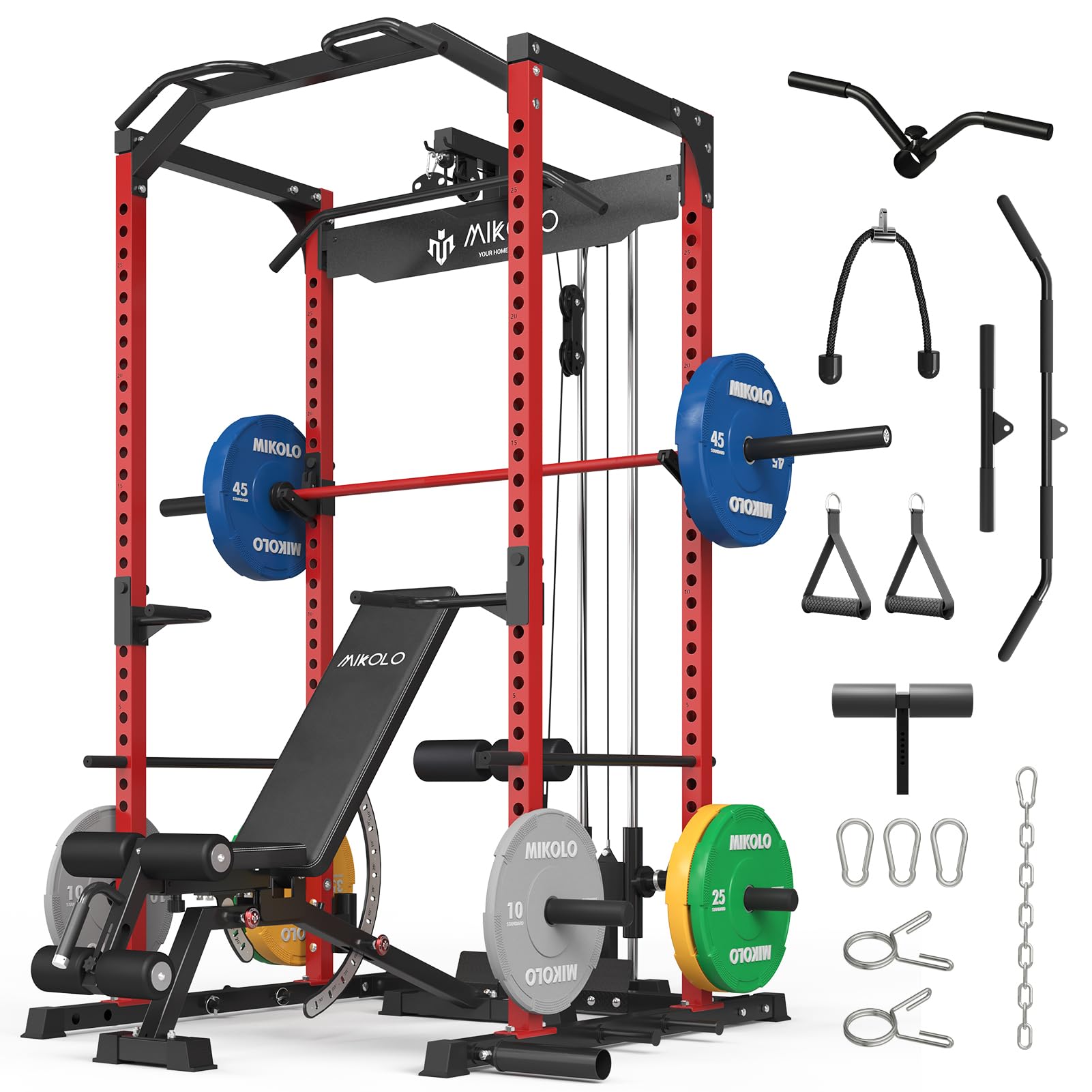 Mikolo F4 2.0 Power Cage with Dual-Track Smooth Pulley System, 1200LBS Power Rack with Leg Hold-Down for Heavy LAT Pulldowns, Home Gym Package with 230b Colorful Weight Plate (Red)