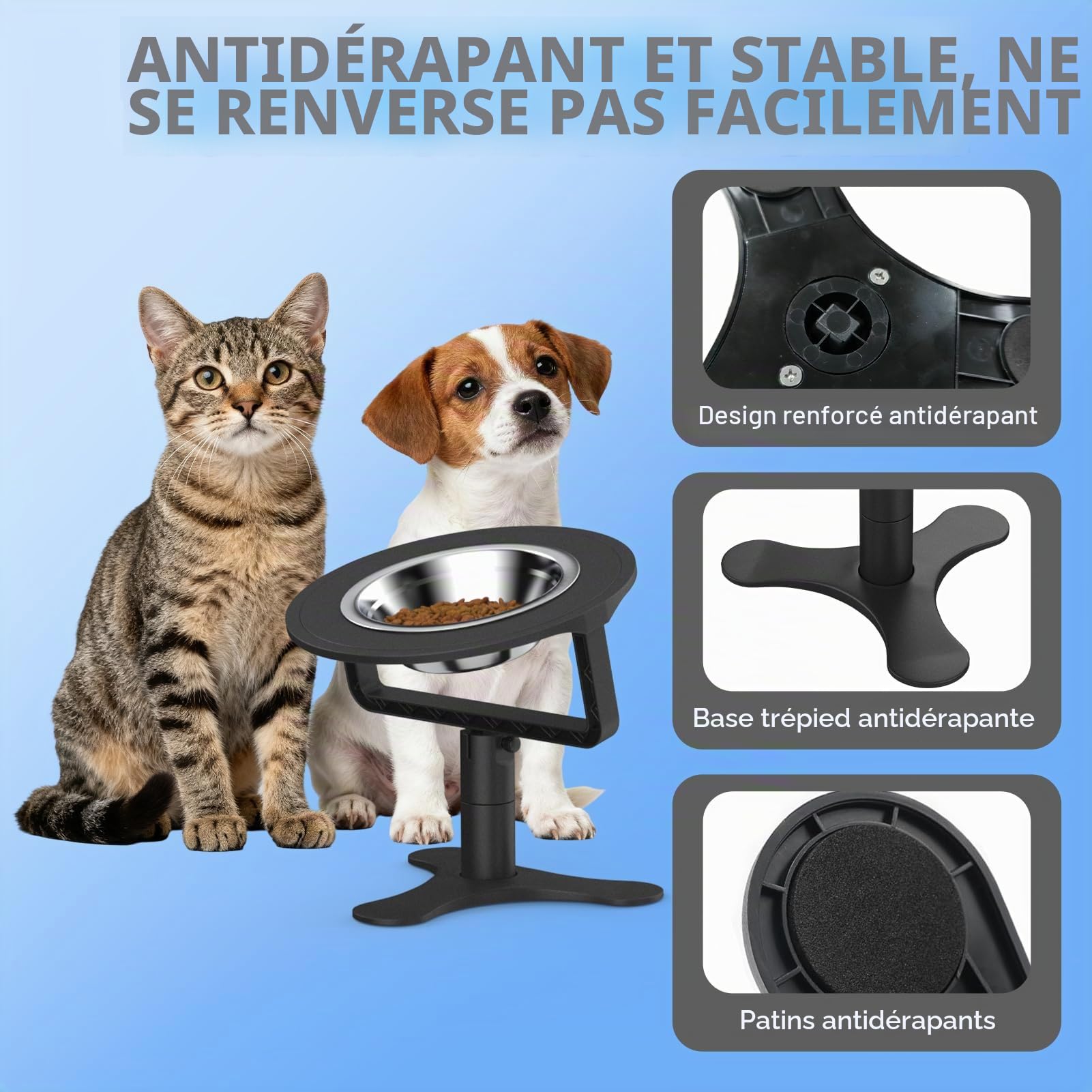 Bol surélevé pour Chat avec Support inclinable à 15°, Hauteur Ajustable 6/10/15 CM(2,4"/4"/6"), Bols en Acier Inoxydable, pour Chats et Chiots d'intérieur, Support antidérapant