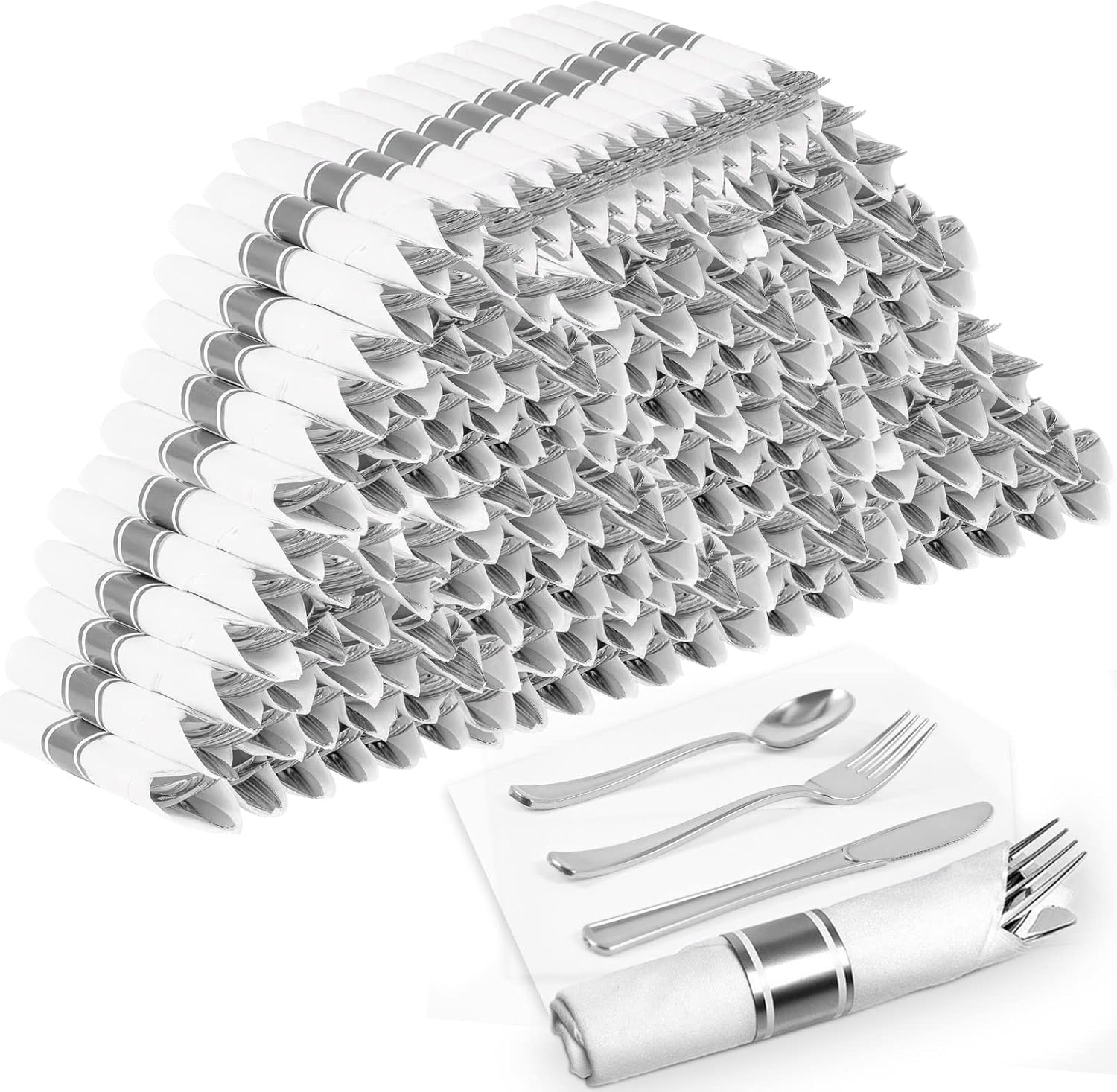 Pre Rolled Silver Plastic Cutlery Set, 300 Pack Wrapped