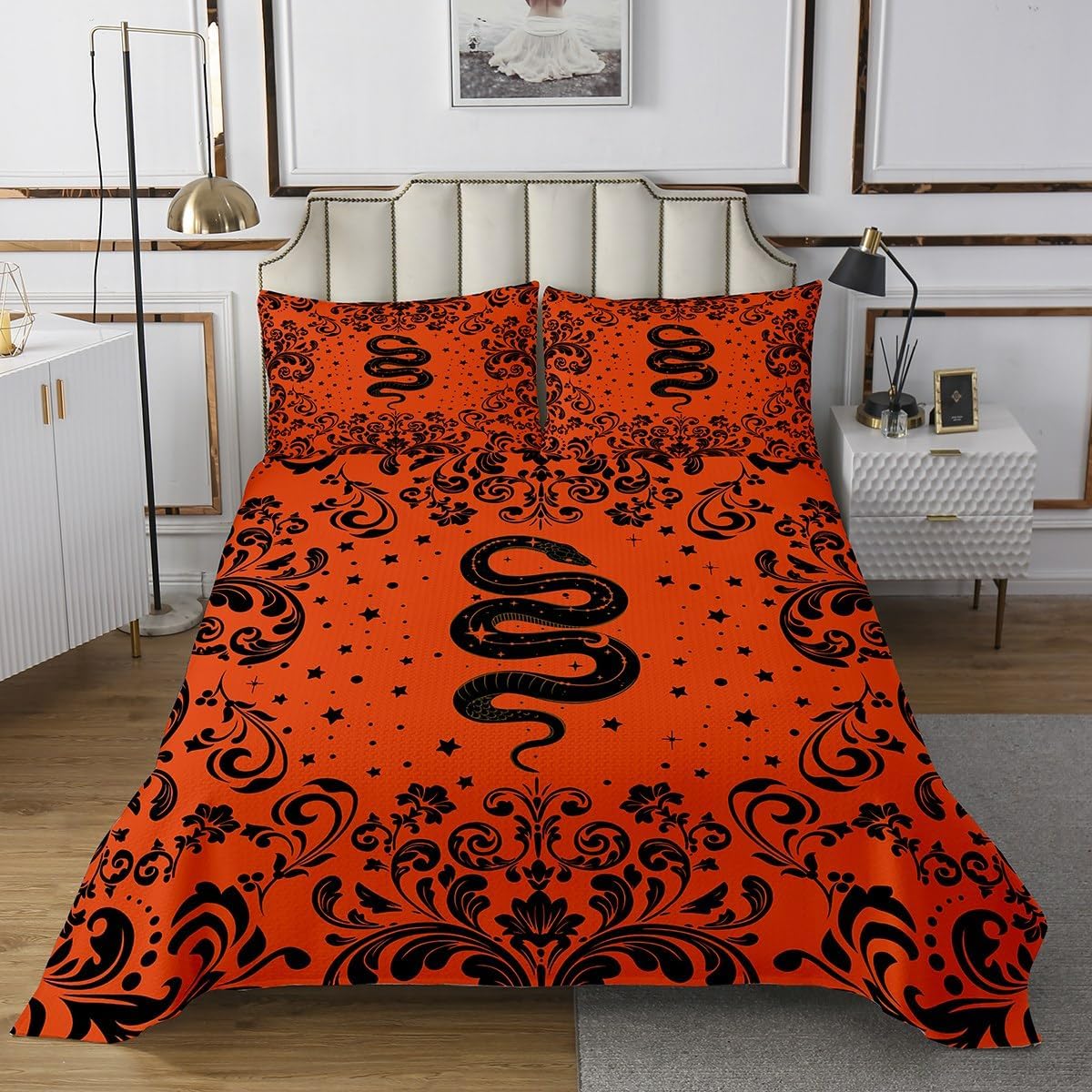 Erosebridal Gothic Halloween Quilt Set Queen Black Yellow Goth Bedspread Damask Bull Skull Coverlet Set for Kids Adults,Bohemian Floral Animal Bedding Quilted